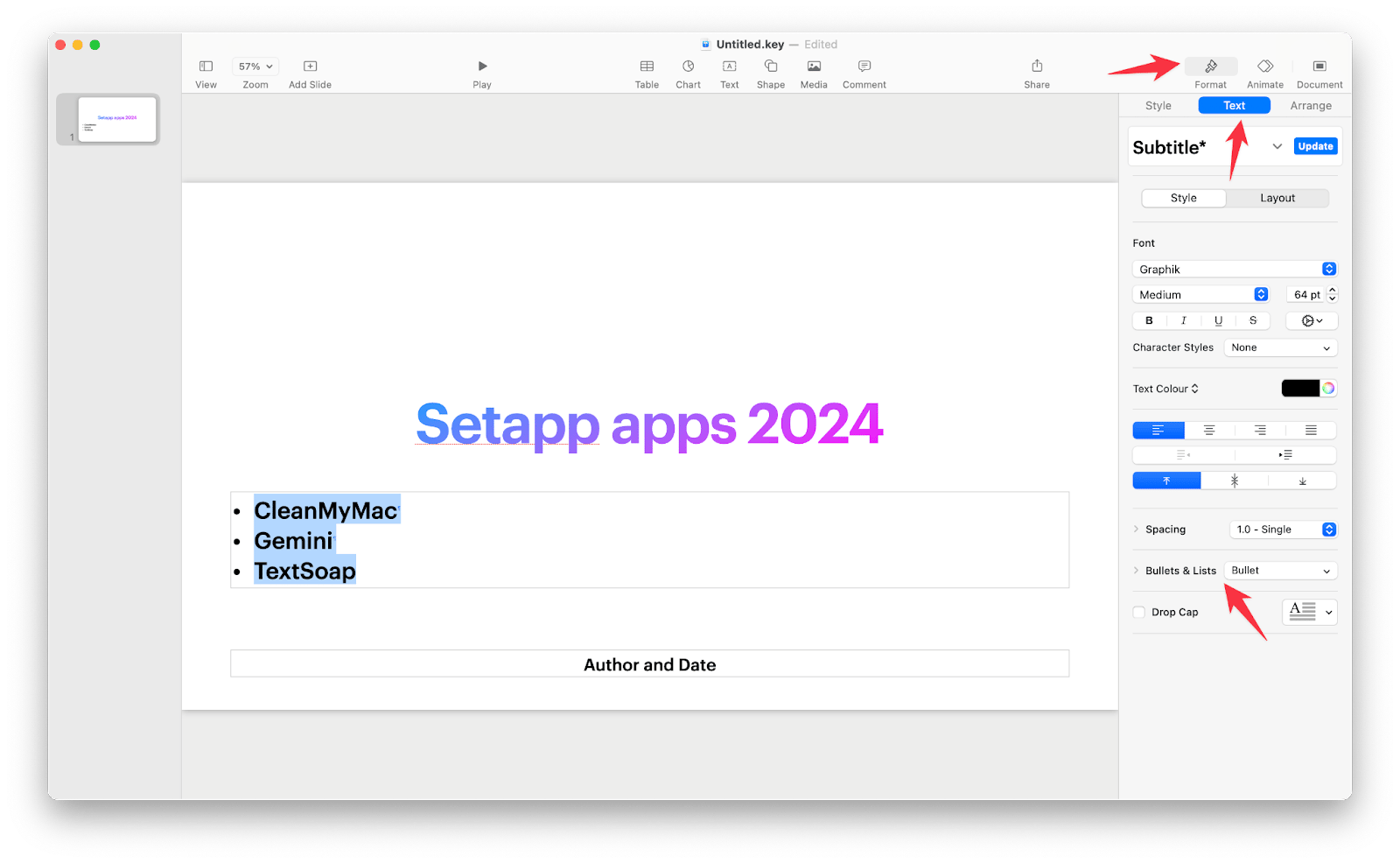 create bullet list in keynote