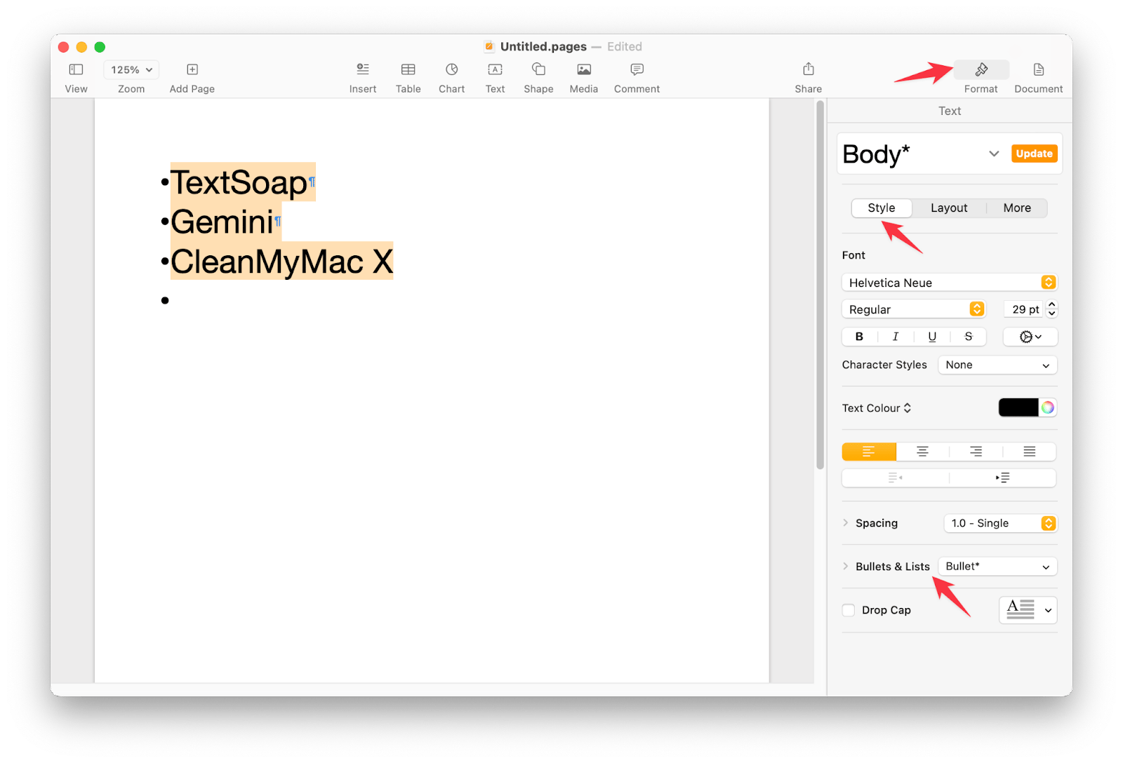 create bullet list in pages mac 