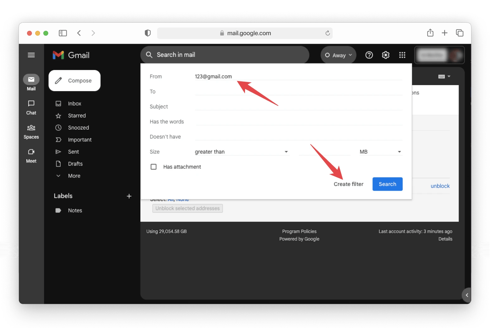 create a filter to block a sender