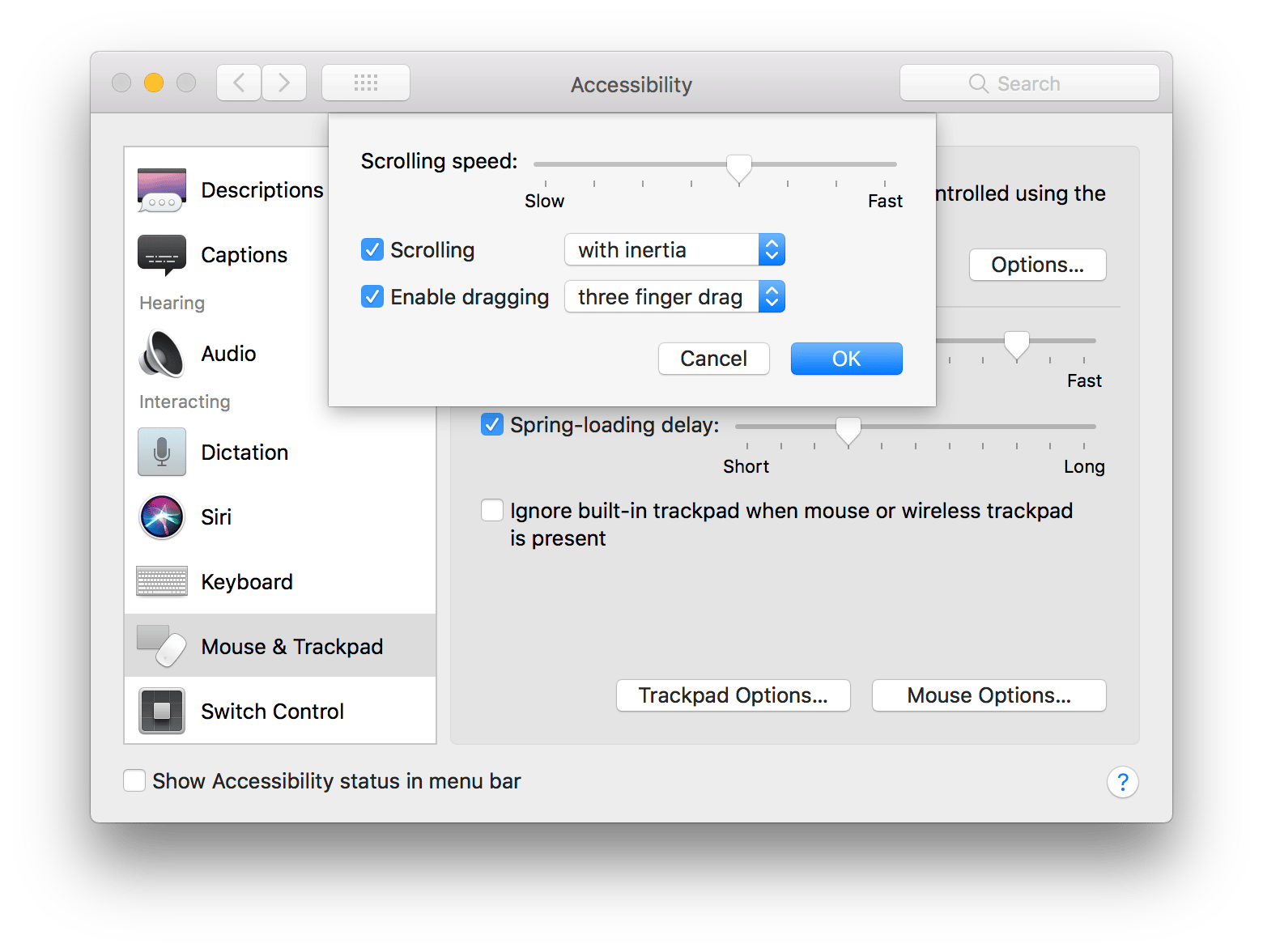 trackpad options in Accessibility