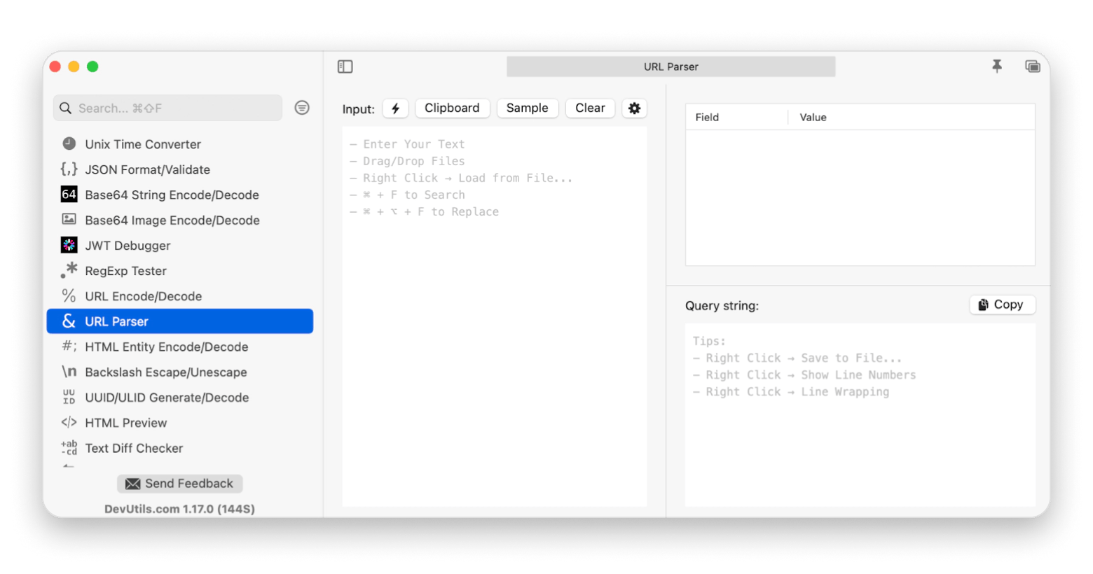 Interface do DevUtils mostrando a lista de ferramentas para desenvolvedores offline no Mac, disponível no Setapp