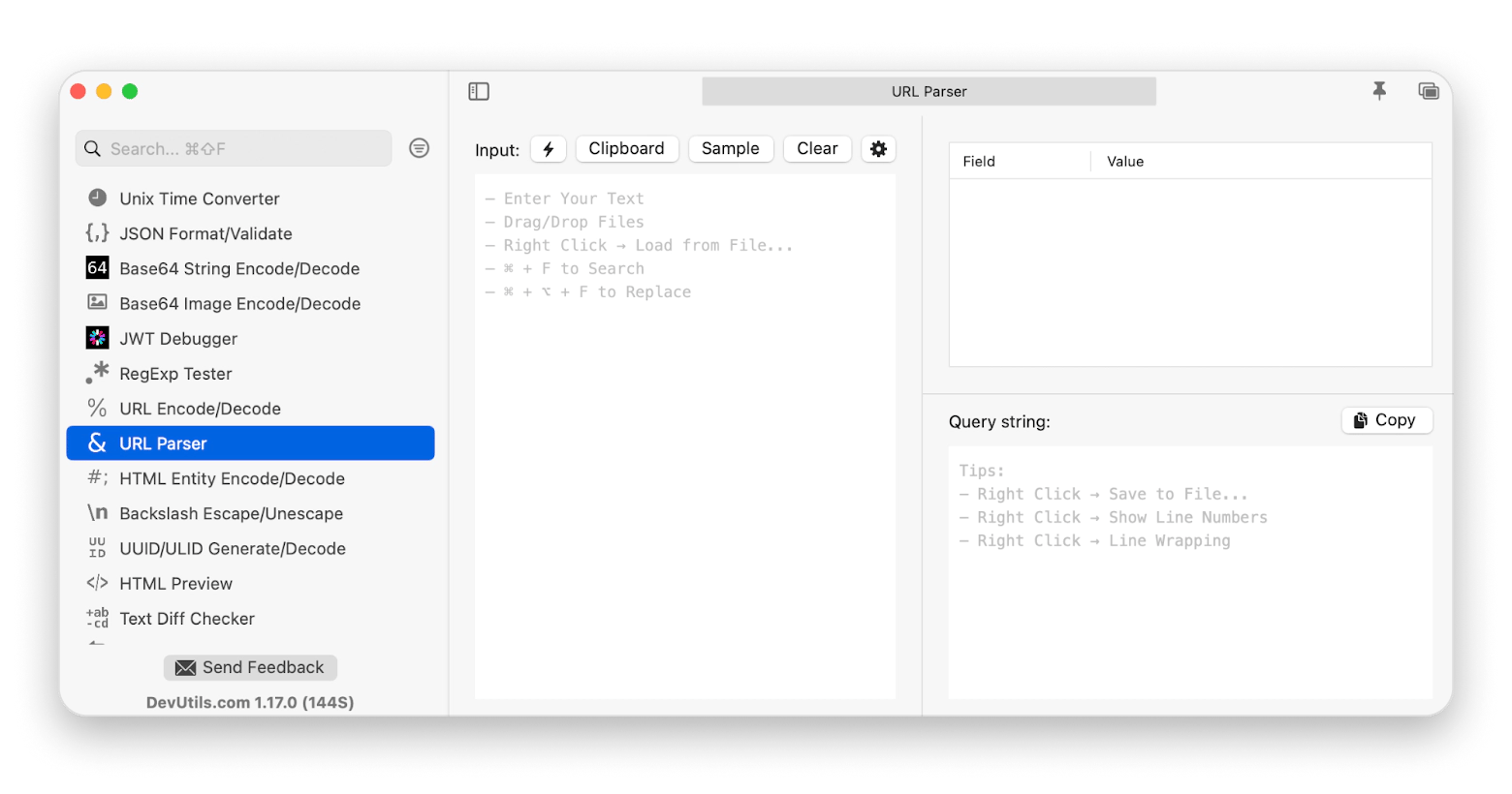 Interfaz de DevUtils mostrando el listado de herramientas para desarrolladores offline en Mac, disponible en Setapp