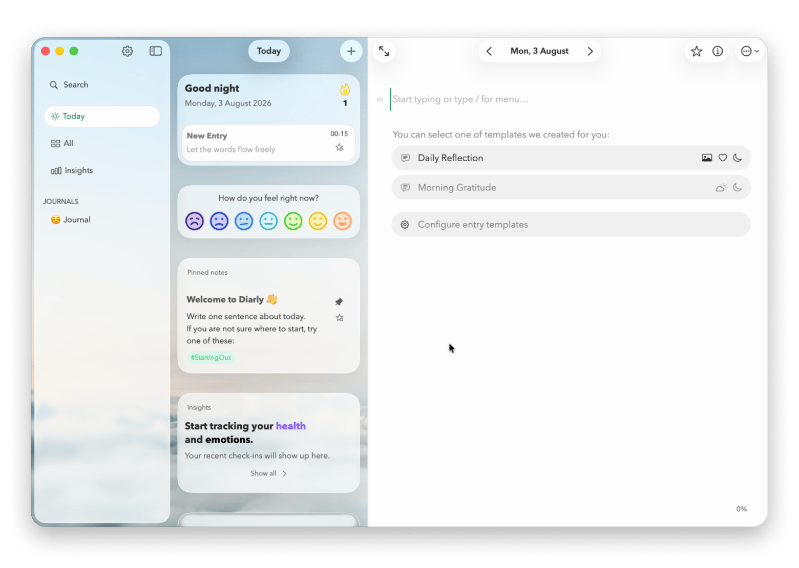 Creating a new entry in Diarly, a journaling app available on Setapp