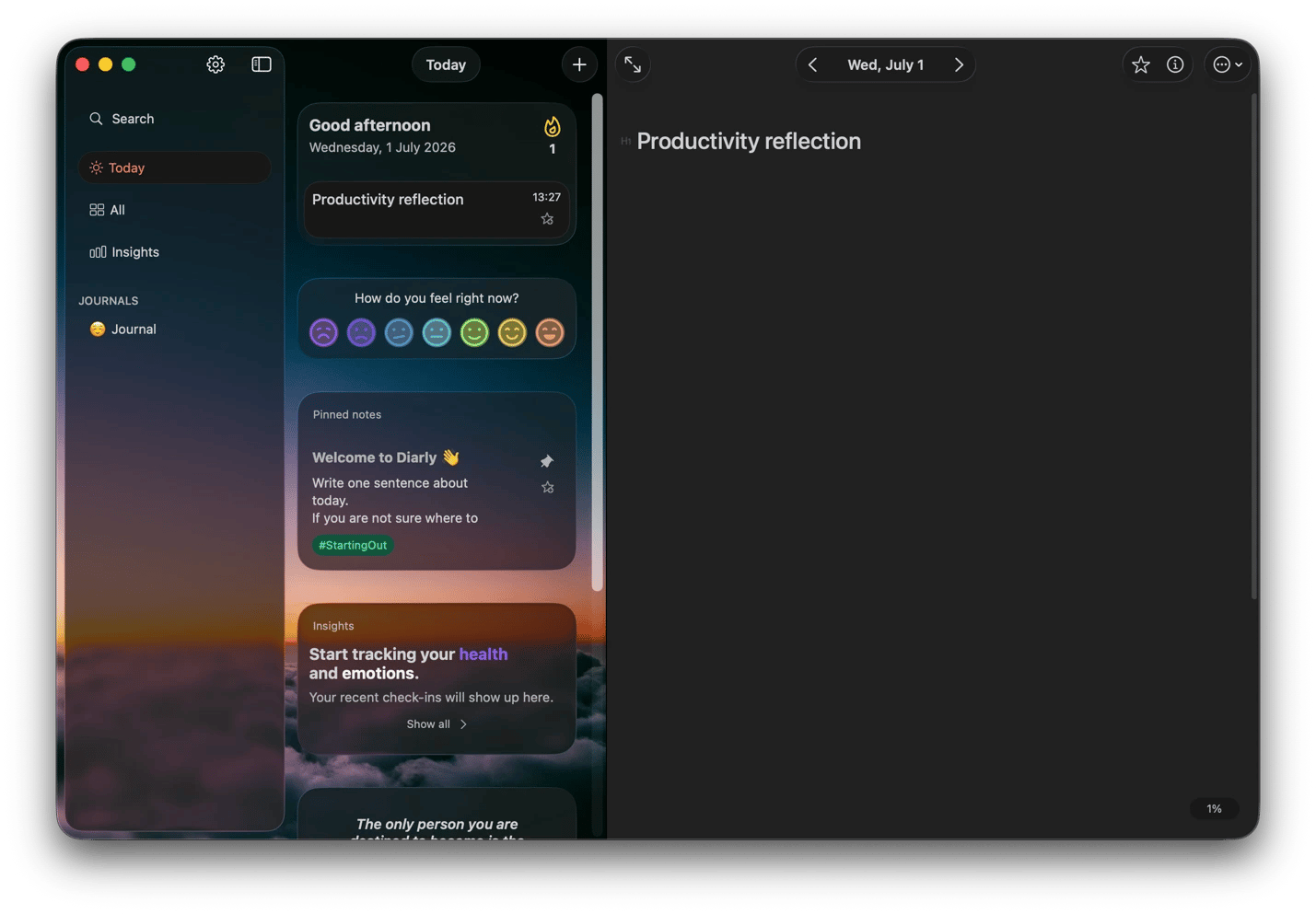 Writing a productivity reflection entry in Diarly, a journaling app from Setapp