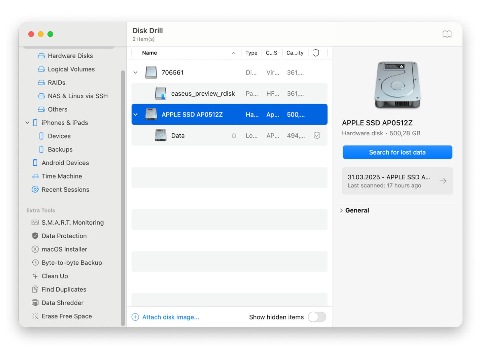 Disk Drill data recovery page