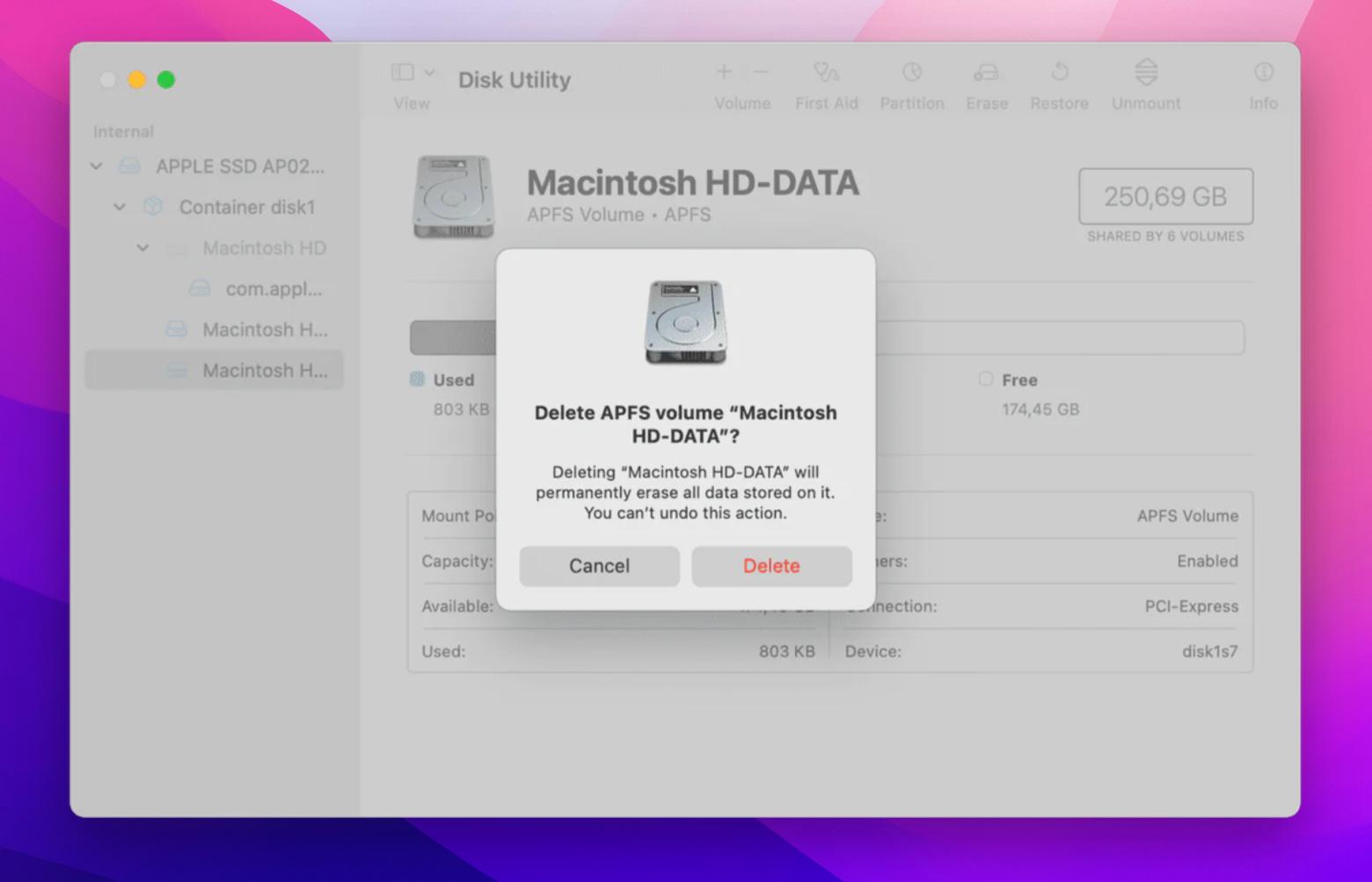 Delete APFS volume