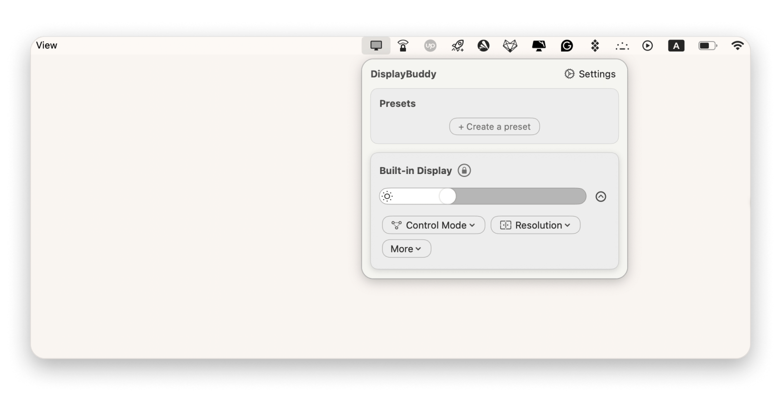 The menu bar of DisplayBuddy, a monitor controlling app that is available on Setapp