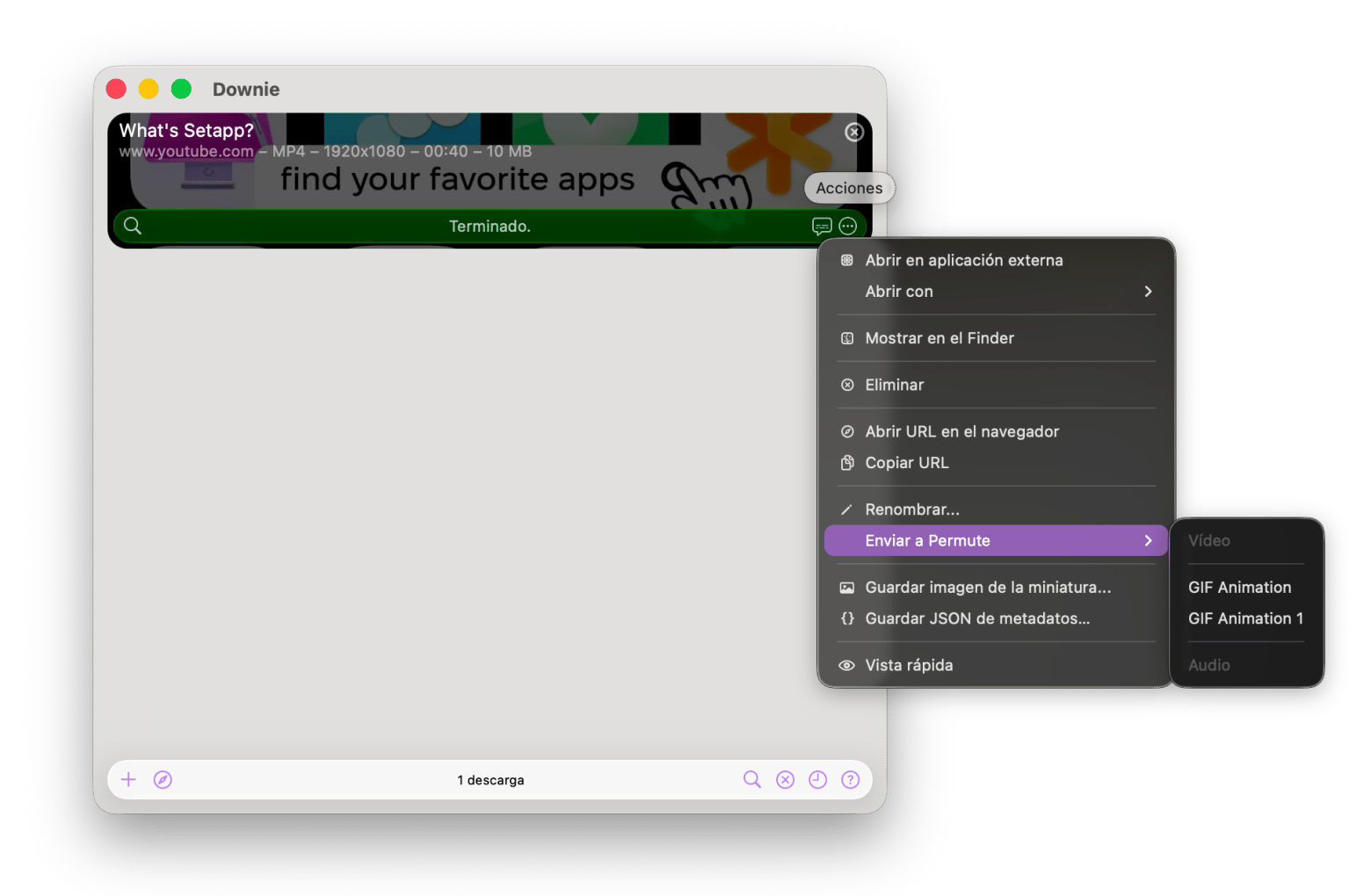 Interfaz de Downie en el Mac aceptando un enlace arrastrado para iniciar la descarga, disponible en Setapp