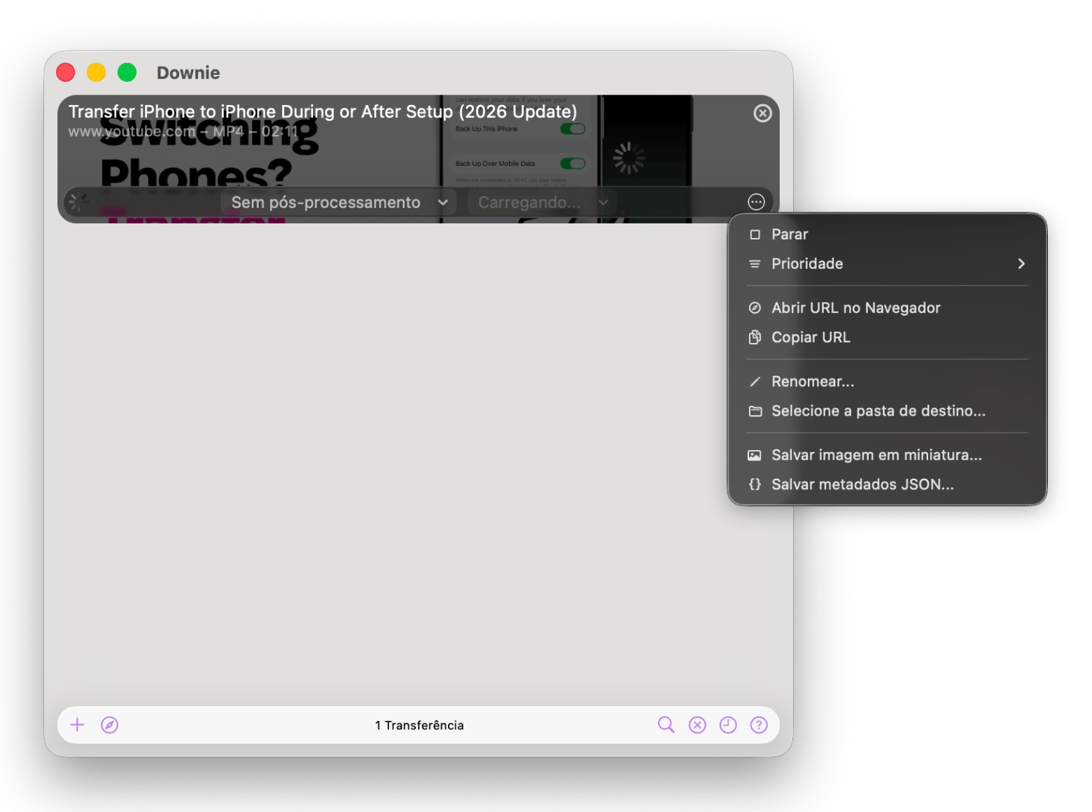 Interface do Downie mostrando o download de um vídeo do YouTube, um aplicativo de download de vídeos disponível no Setapp Interface do Downie mostrando o download de um vídeo do YouTube, um aplicativo de download de vídeos disponível no Setapp
