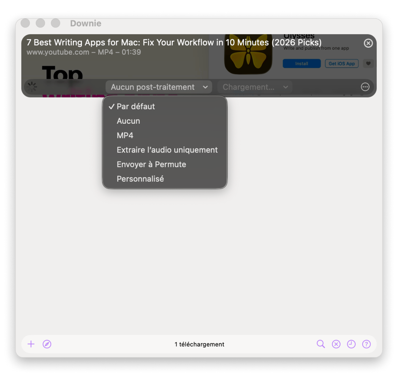 Interface de Downie montrant le glisser-déposer d'une URL YouTube pour démarrer le téléchargement automatiquement sur Mac, disponible sur Setapp