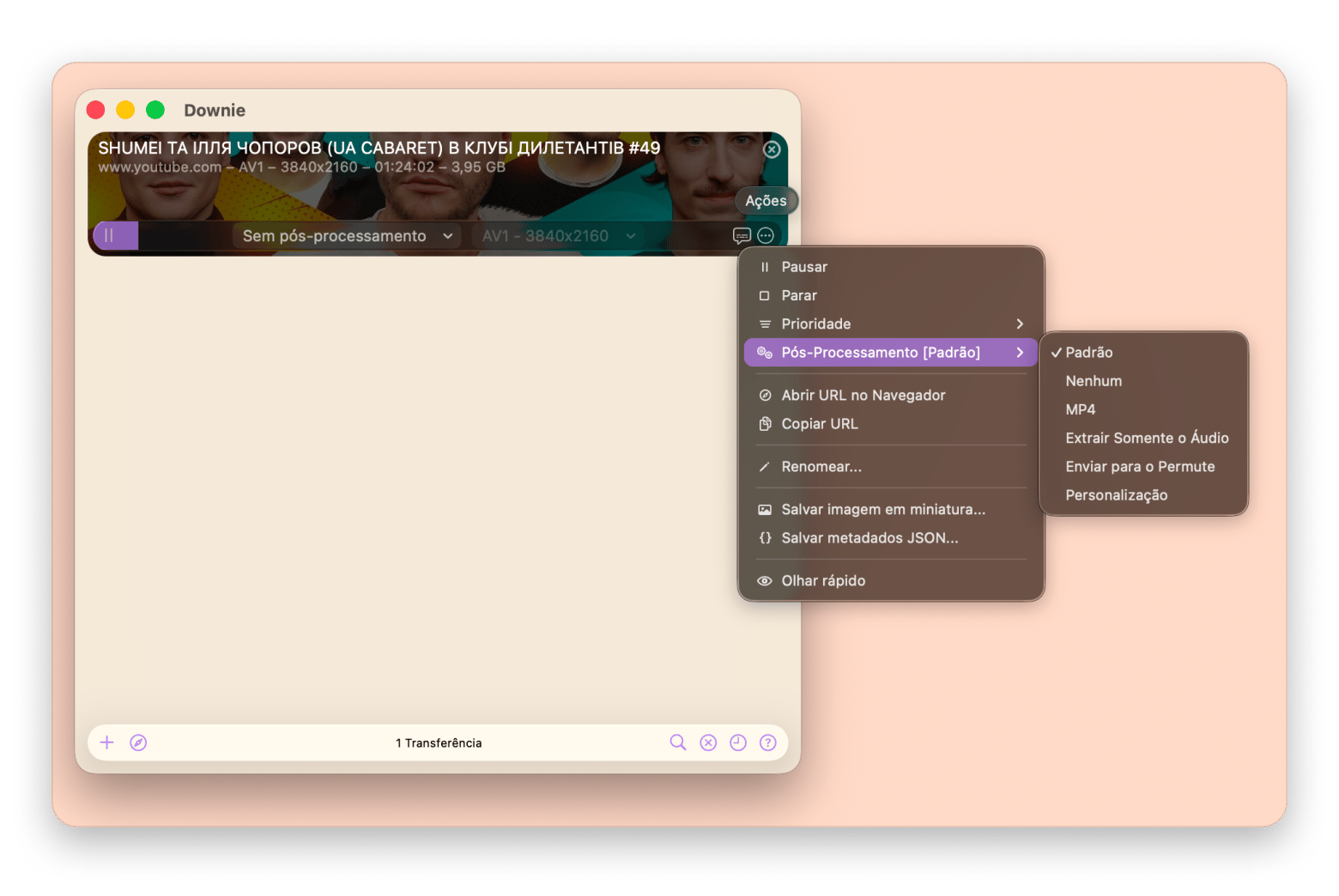 Menu de opções do Downie para extrair áudio ou miniatura, disponível no Setapp