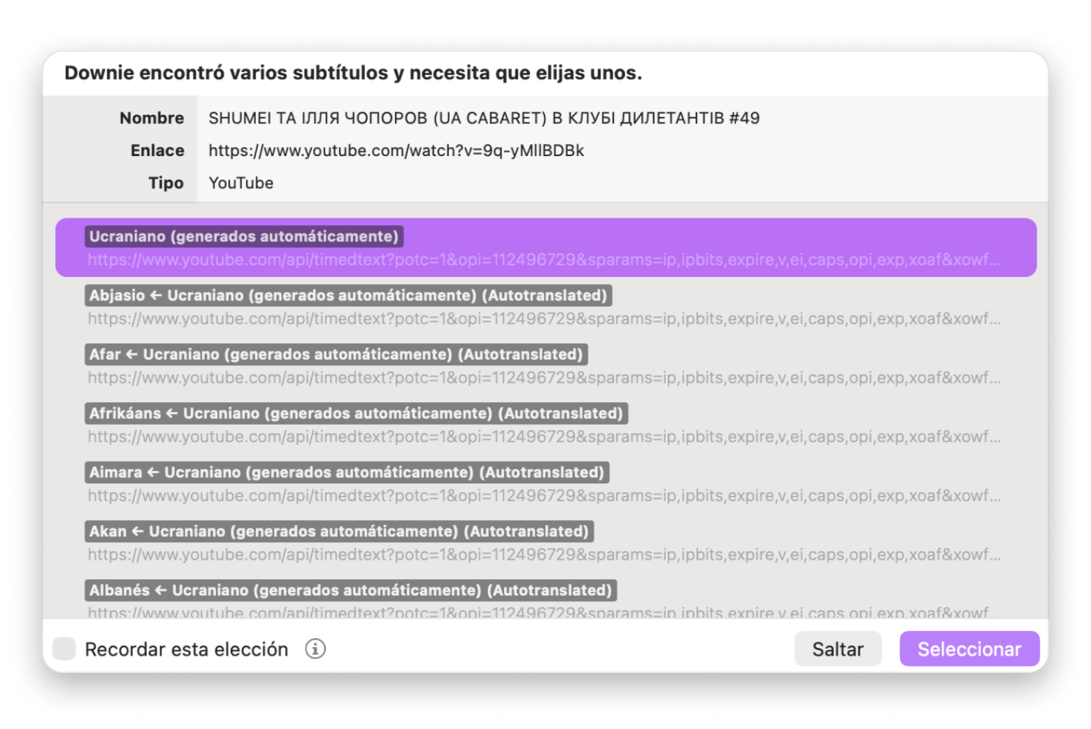 Menú de selección de subtítulos en Downie &mdash; descargador disponible en Setapp.