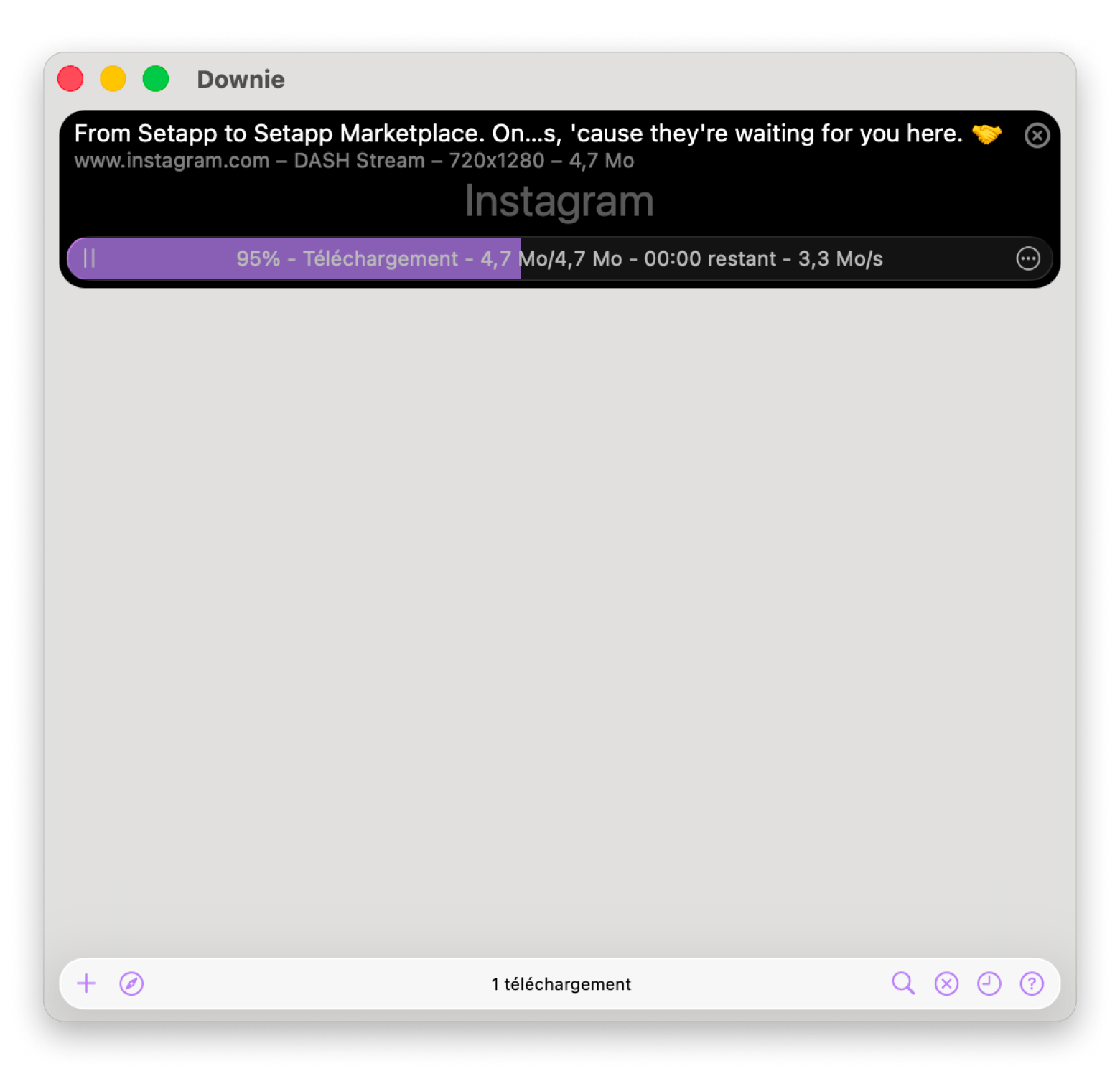 Interface de Downie téléchargeant toutes les Stories d'un profil Instagram en une seule opération sur Mac, disponible sur Setapp Interface de Downie téléchargeant toutes les Stories d'un profil Instagram en une seule opération sur Mac, disponible sur Setapp