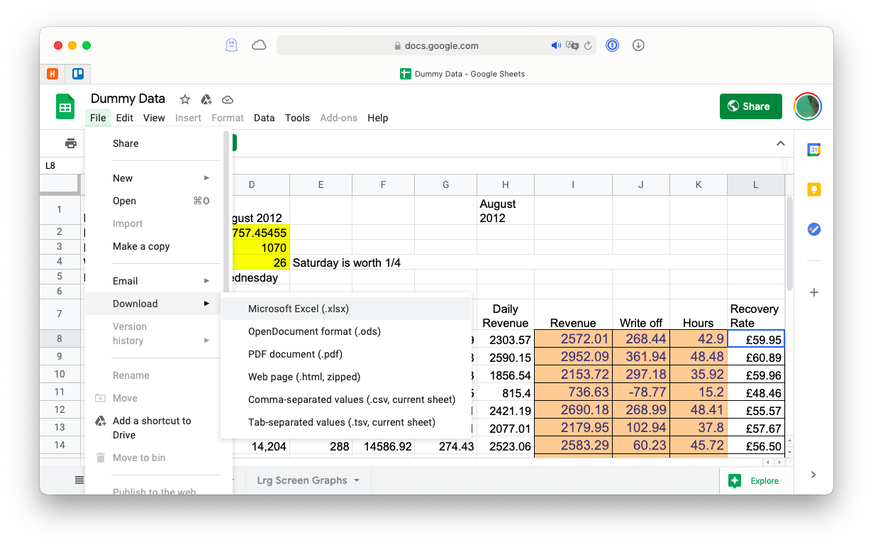 download Google Drive spreadsheet in browser