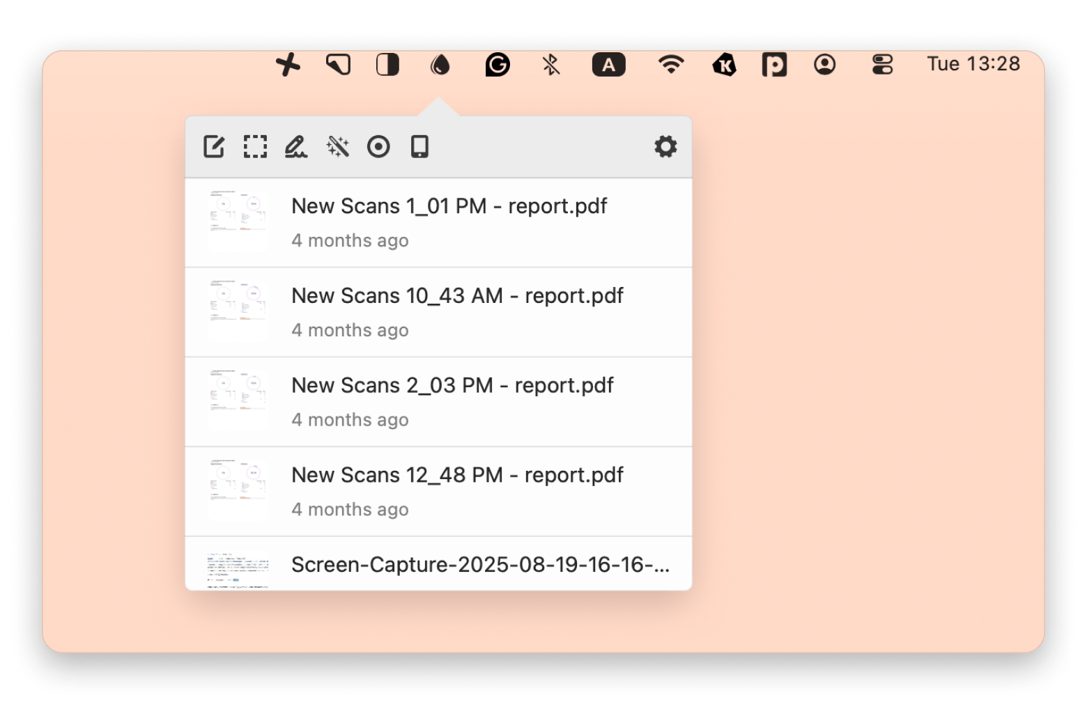 File list showing scanned PDF documents and screenshots in Dropshare, a file-sharing and cloud-upload app that is available on Setapp File list showing scanned PDF documents and screenshots in Dropshare, a file-sharing and cloud-upload app that is available on Setapp