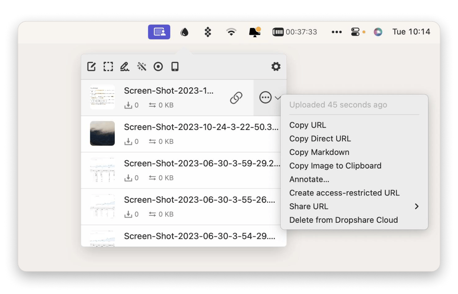 Interface do Dropshare com a aba Screenshots e os atalhos personalizáveis de captura e envio, disponível no Setapp