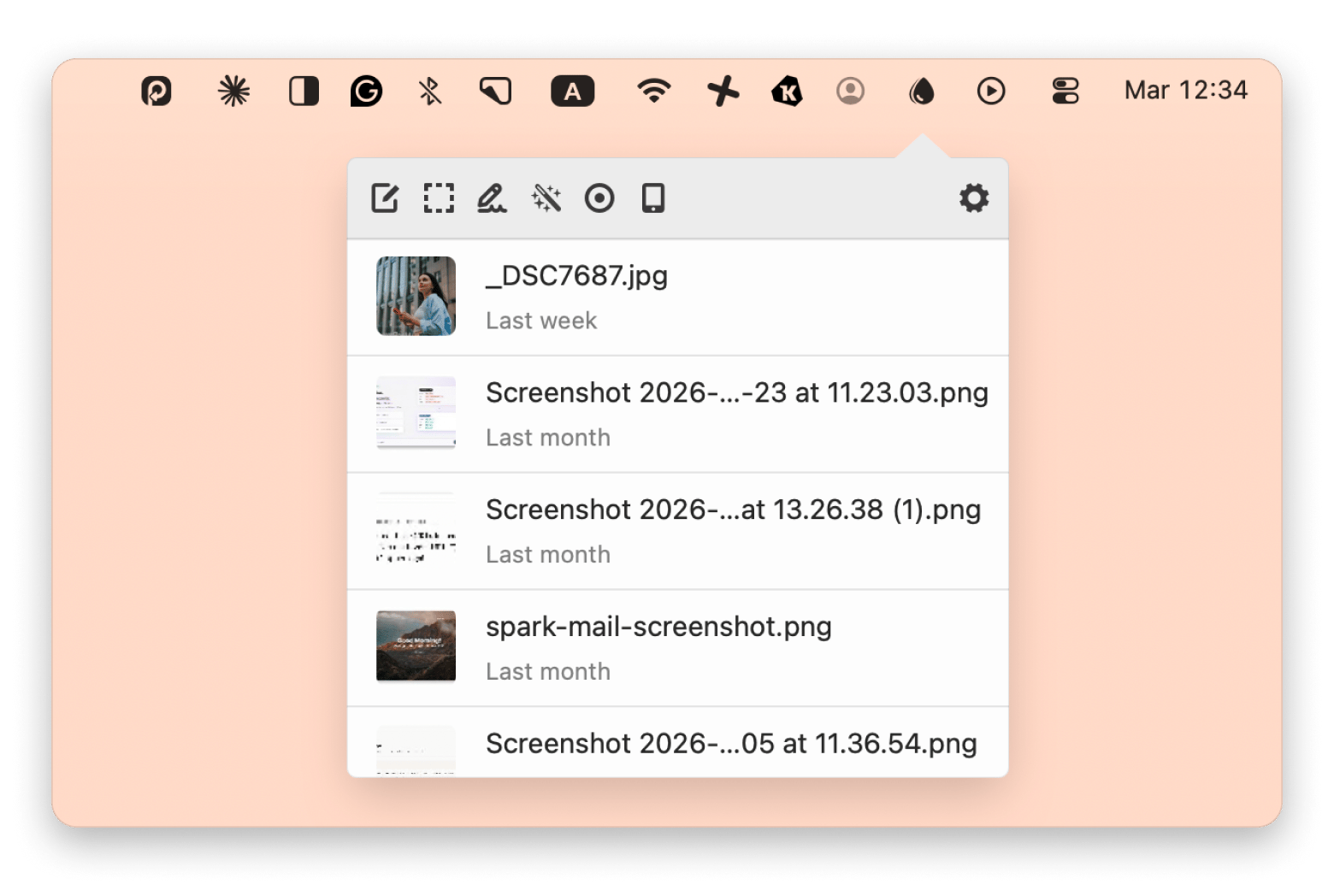 Interfaz de Dropshare con la pestaña Screenshots y los atajos personalizables de captura y subida, disponible en Setapp