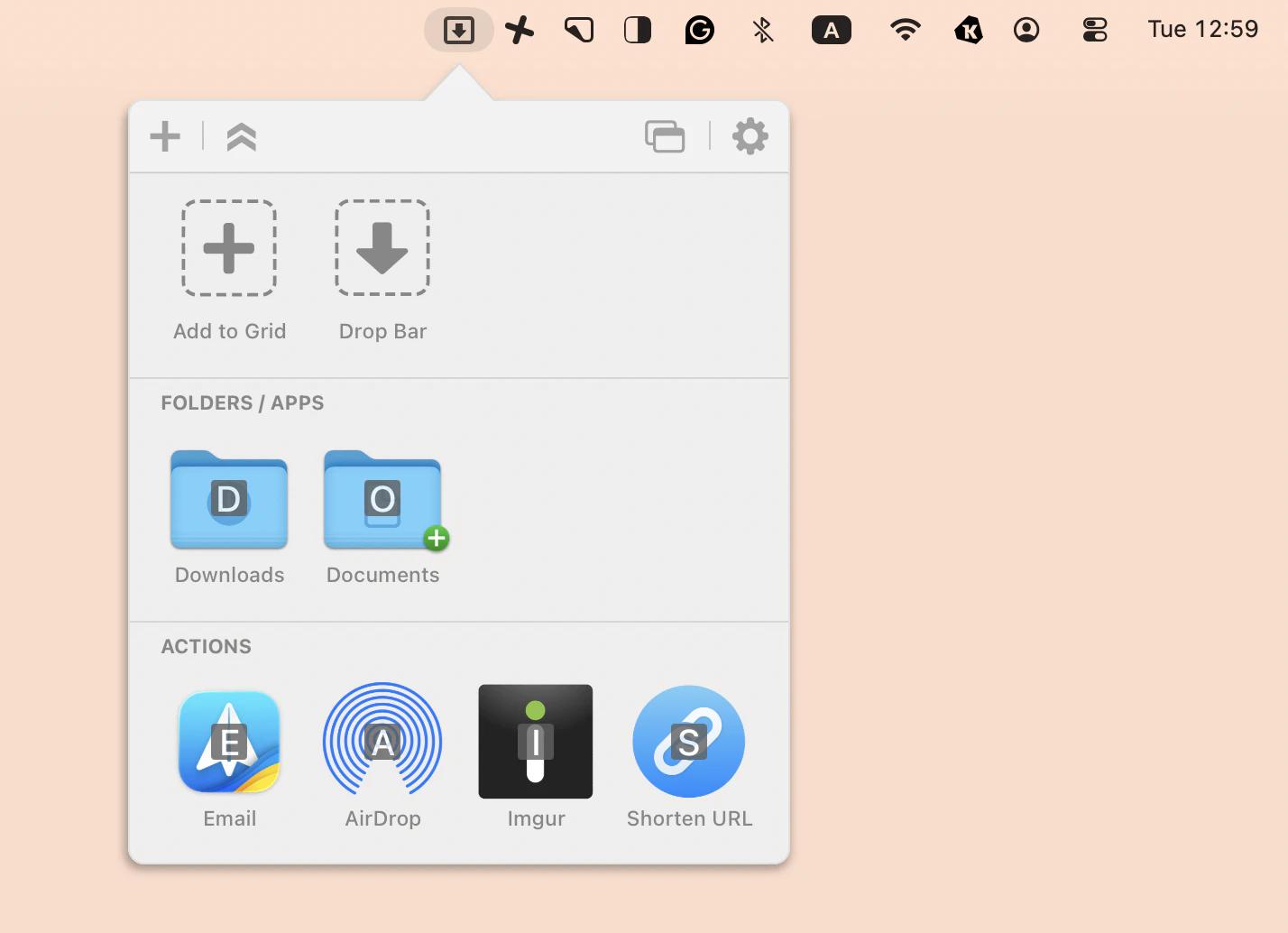 The menu bar view of Dropzone, a productivity app that is available on Setapp.