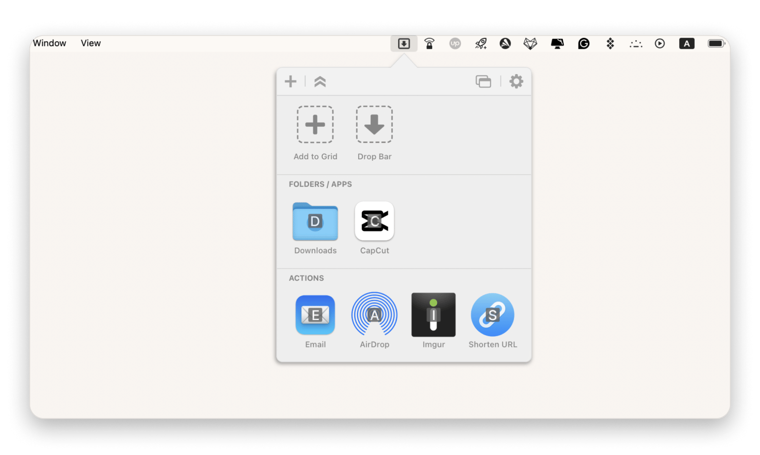 The menu bar of Dropzone, a task management app that is available on Setapp.