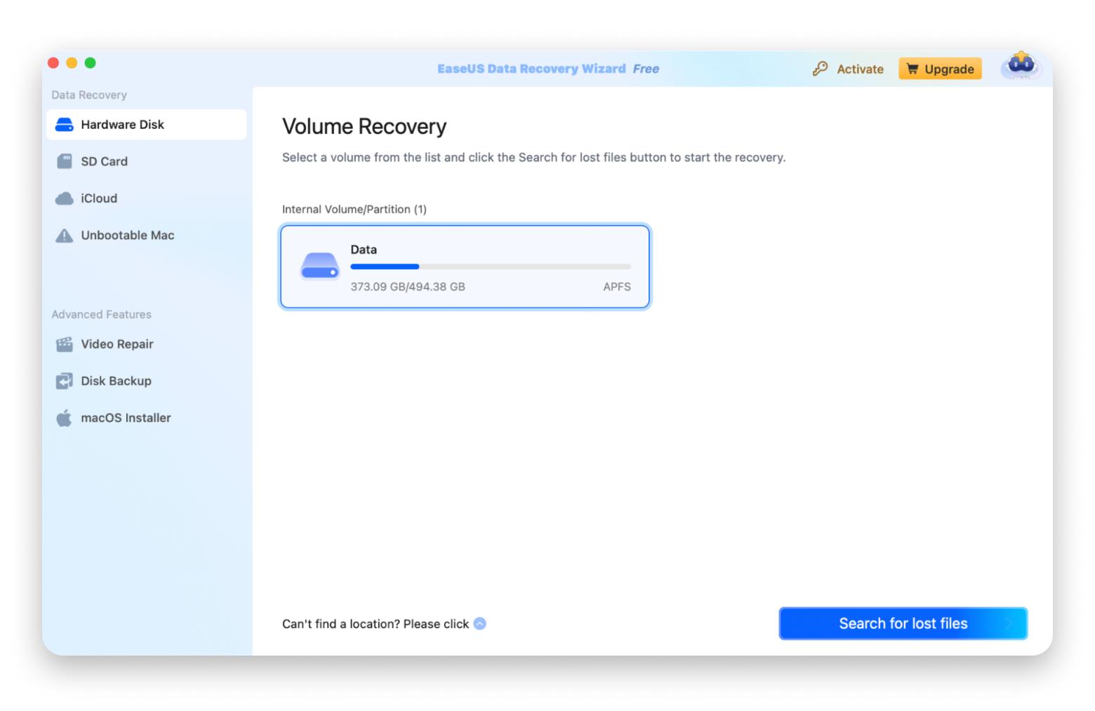 EaseUS volume recovery page