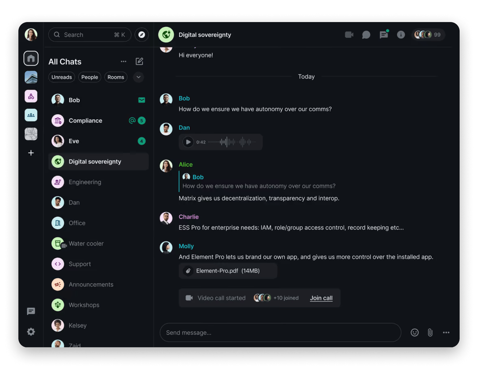 The interface of the Element messenger on Mac