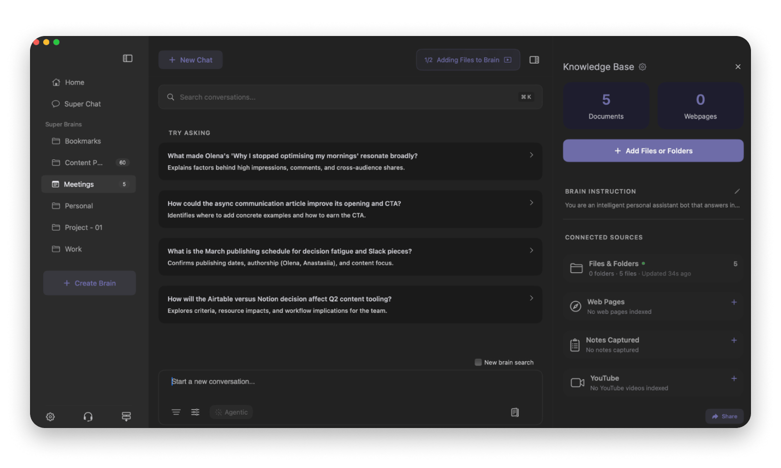 Super brain chat interface of Elephas, a knowledge base tool available on Setapp.