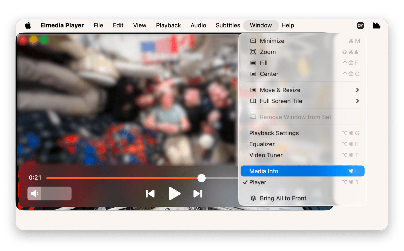 Media Info on the Window menu in Elmedia Player, a versatile media player available on Setapp Media Info on the Window menu in Elmedia Player, a versatile media player available on Setapp