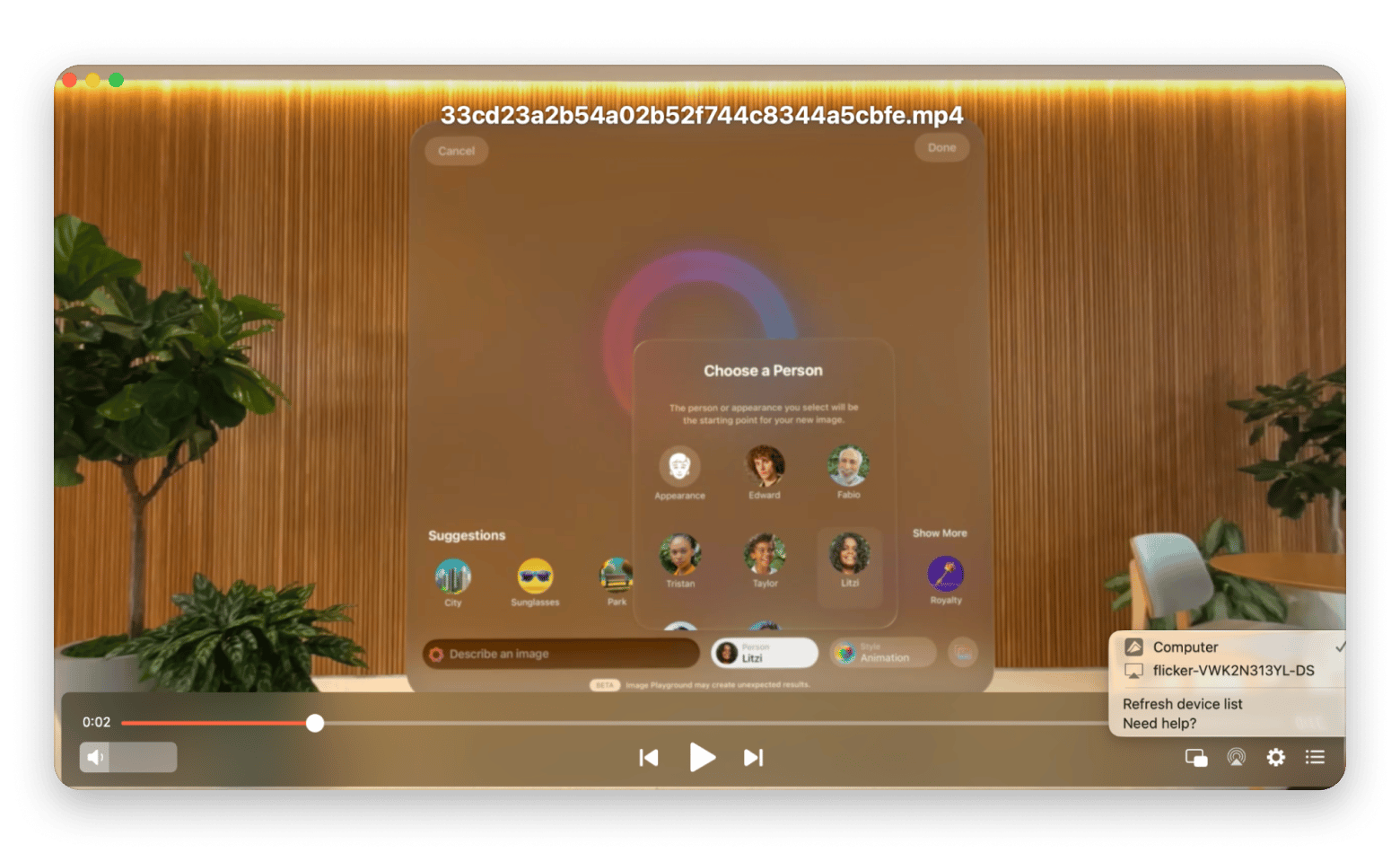 Elmedia Player playing a video demo of Apple's Image Playground feature on Mac