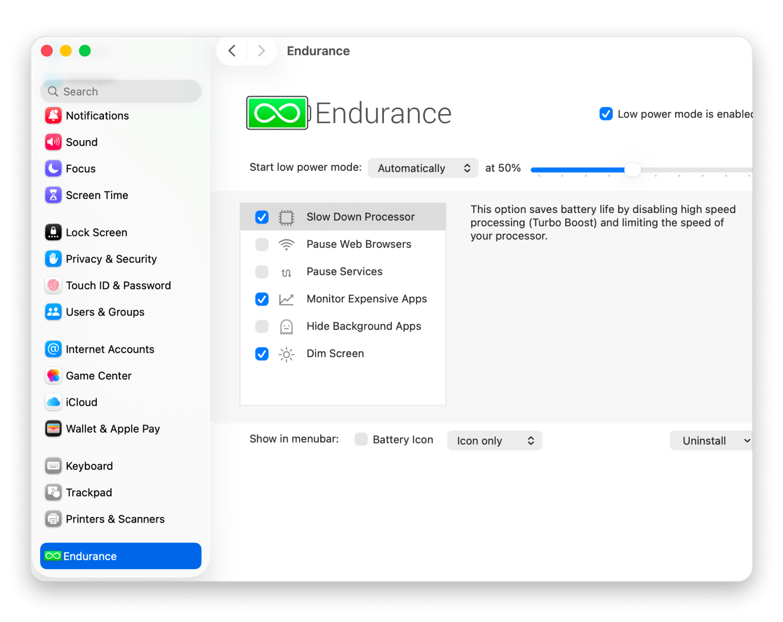 Endurance battery management app settings showing low power mode options and processor controls, available on Setapp