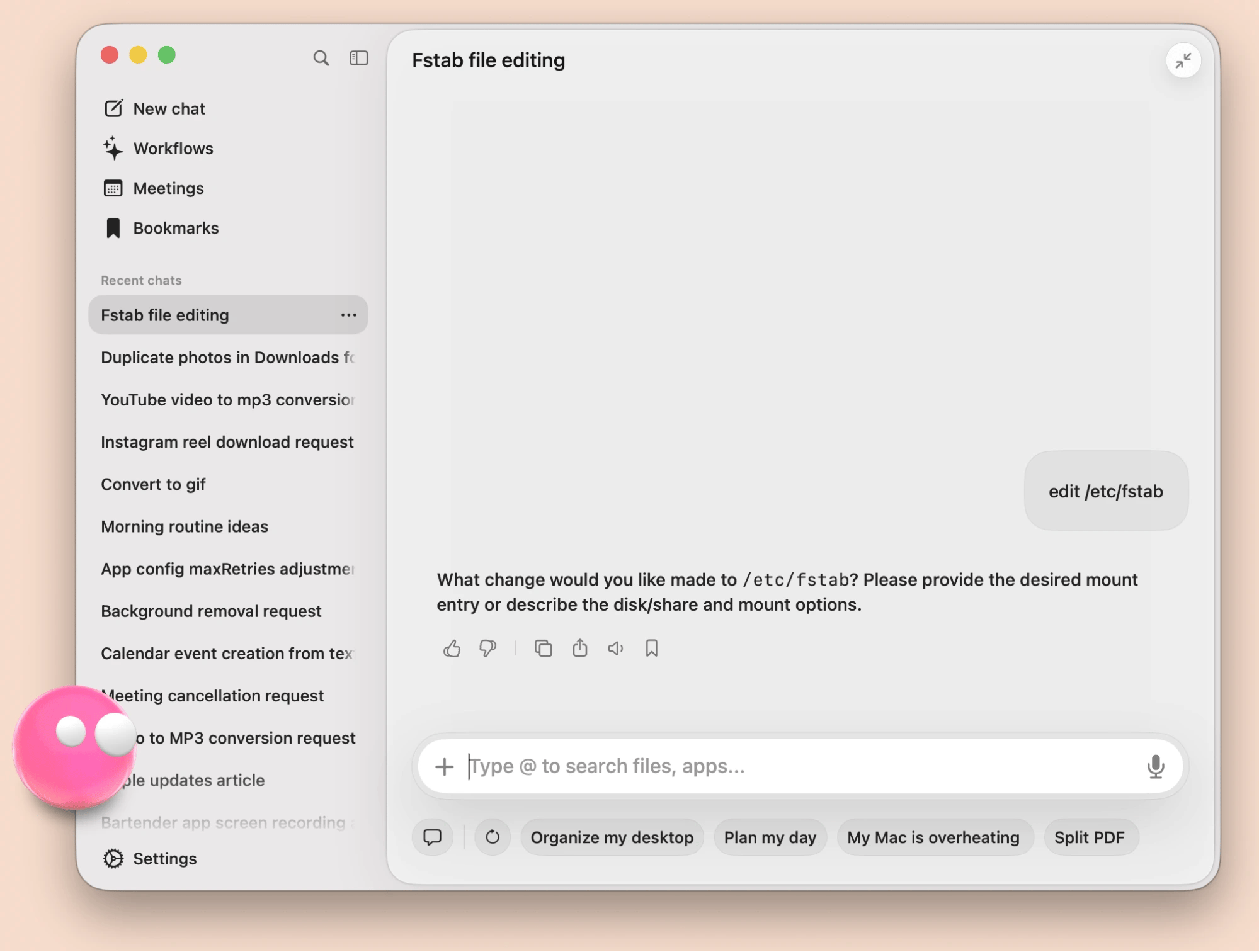 Eney from Setapp: chat interface fstab file editing
