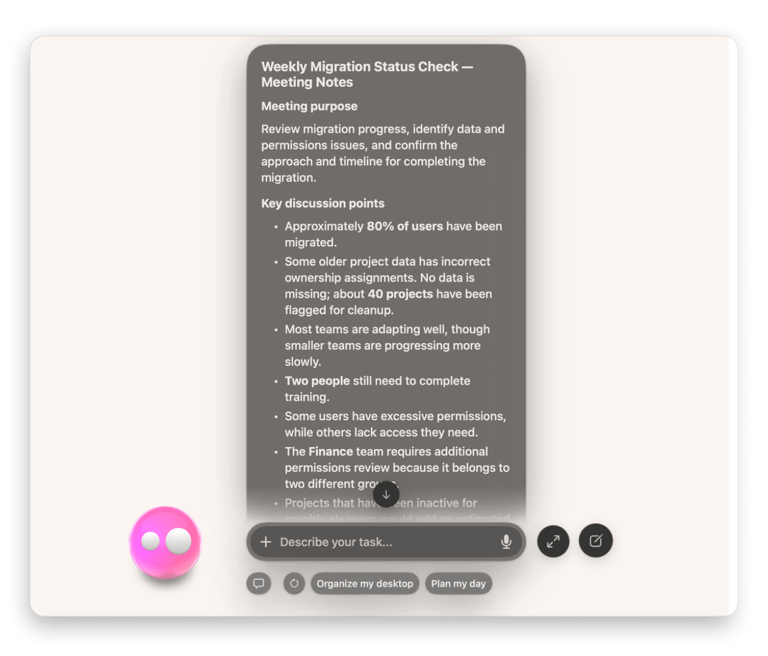 Eney transcribing a meeting and summarizing key points into meeting notes on Mac