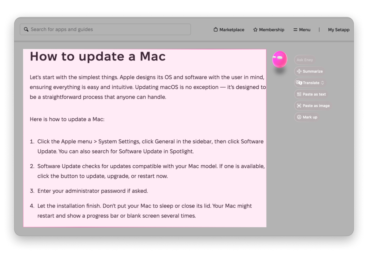 Eney Wand converting a selected price to another currency, a Mac AI assistant that is available on Setapp