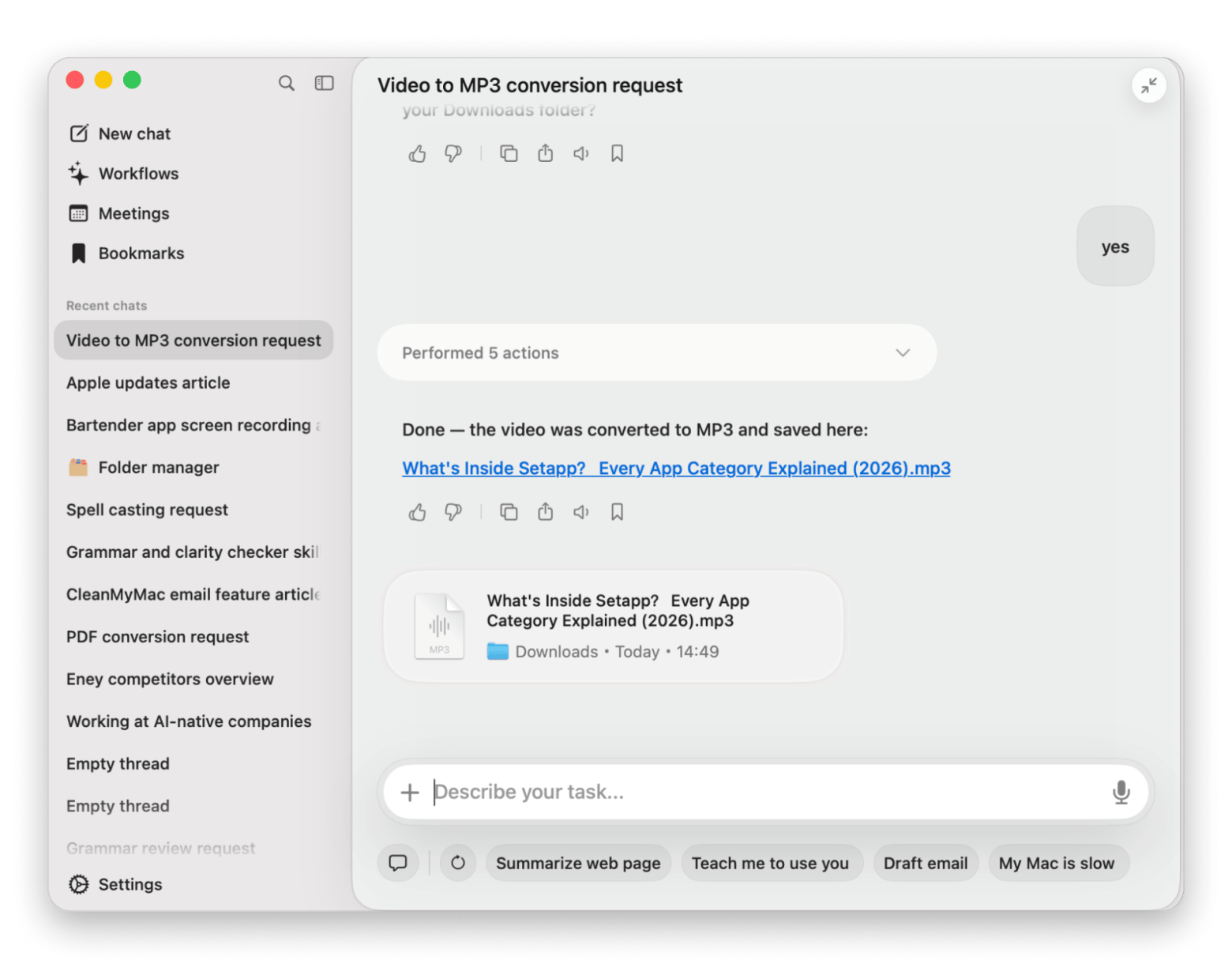 Eney chat converting a pasted YouTube link to MP3, a Mac AI assistant that is available on Setapp