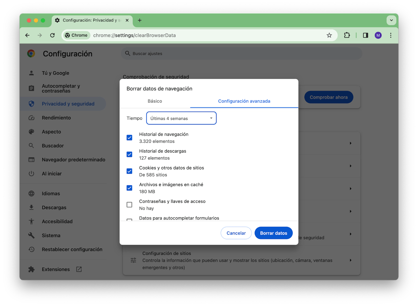 Borrar datos de navegación Chrome