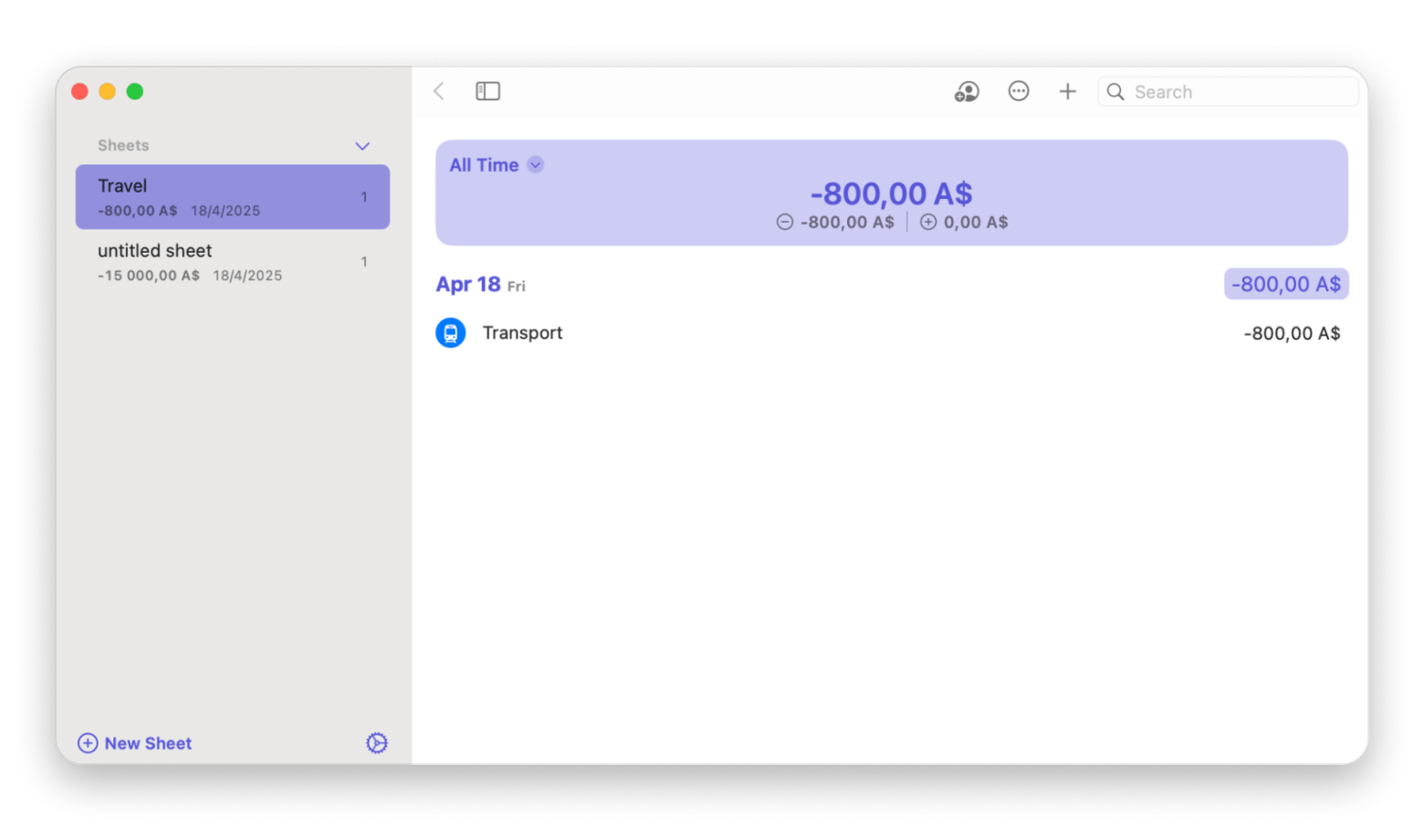 The travel tab of Expenses, a budget tracking app that is available on Setapp
