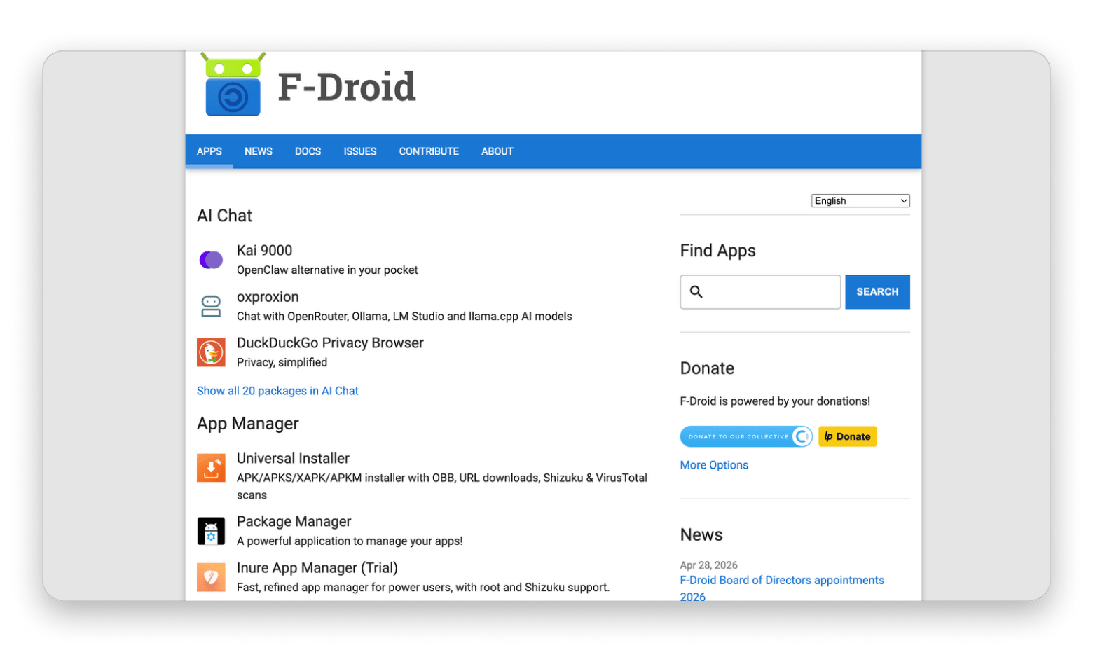 The web interface of F-droid, a free and open-source Android app store