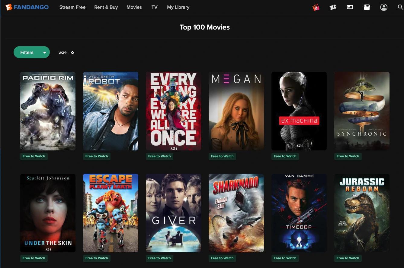 Sci Fi movies from top 100 list on Fandango website