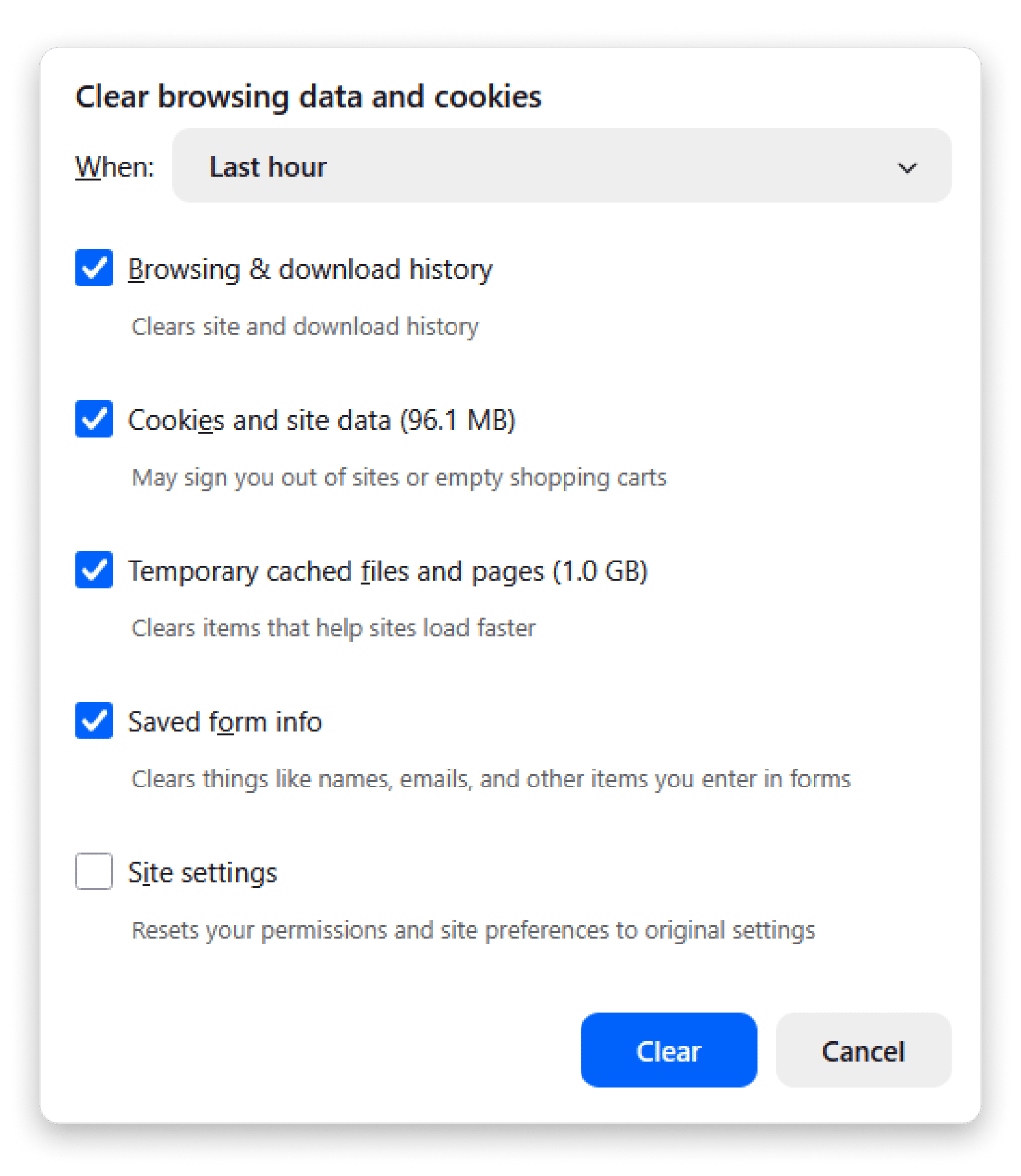 Firefox browsing data and cookies