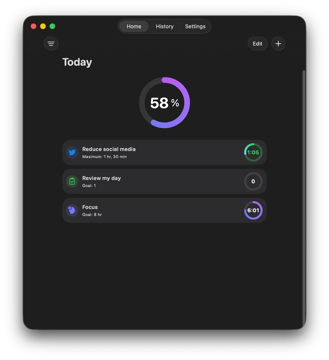Tracking daily progress toward reducing social media use in Awesome Habits, a habit building app from Setapp