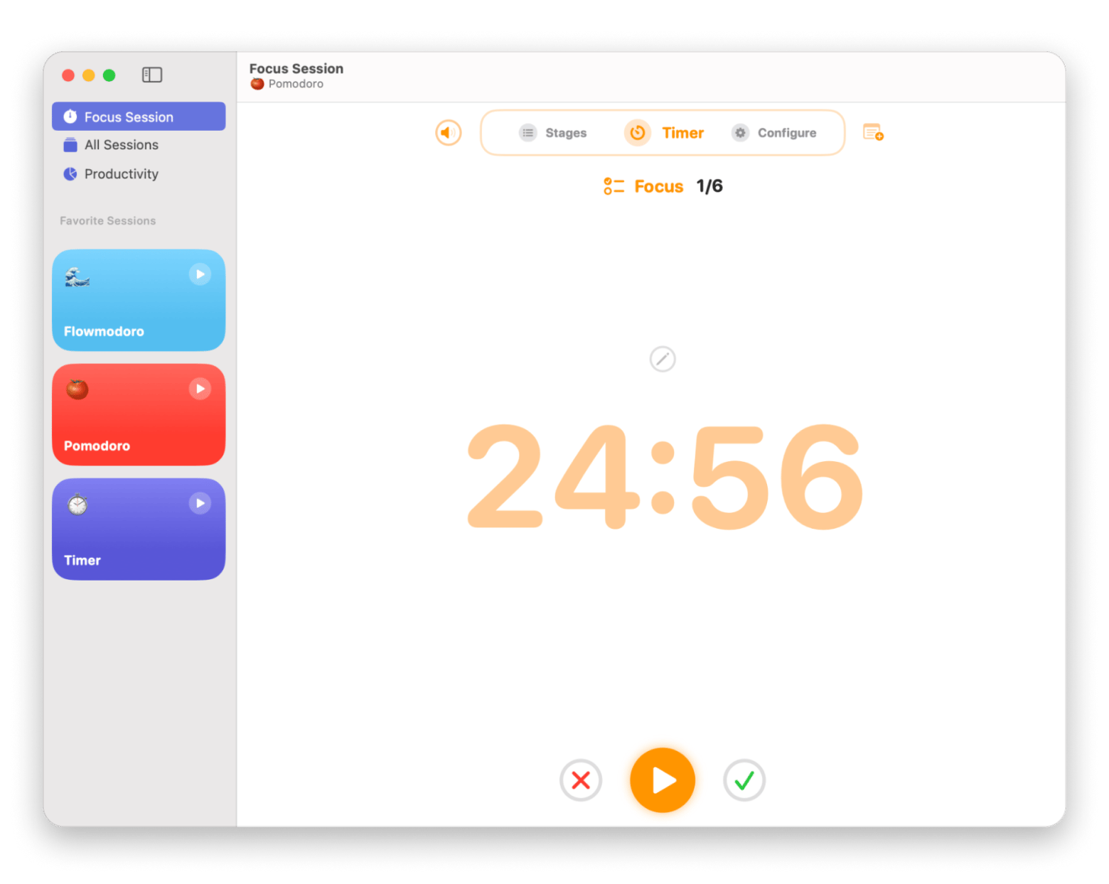 The Focus Session tab of Focused Work, a time-tracking app that is available on Setapp