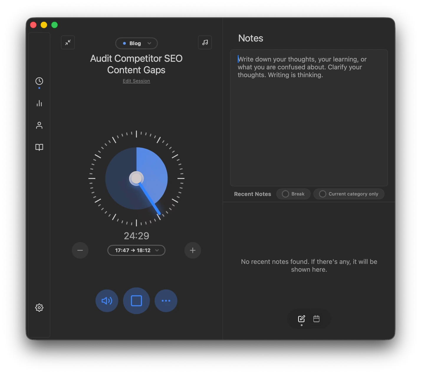 The timer interface of Focused Work, a Pomodoro timer available on Setapp.