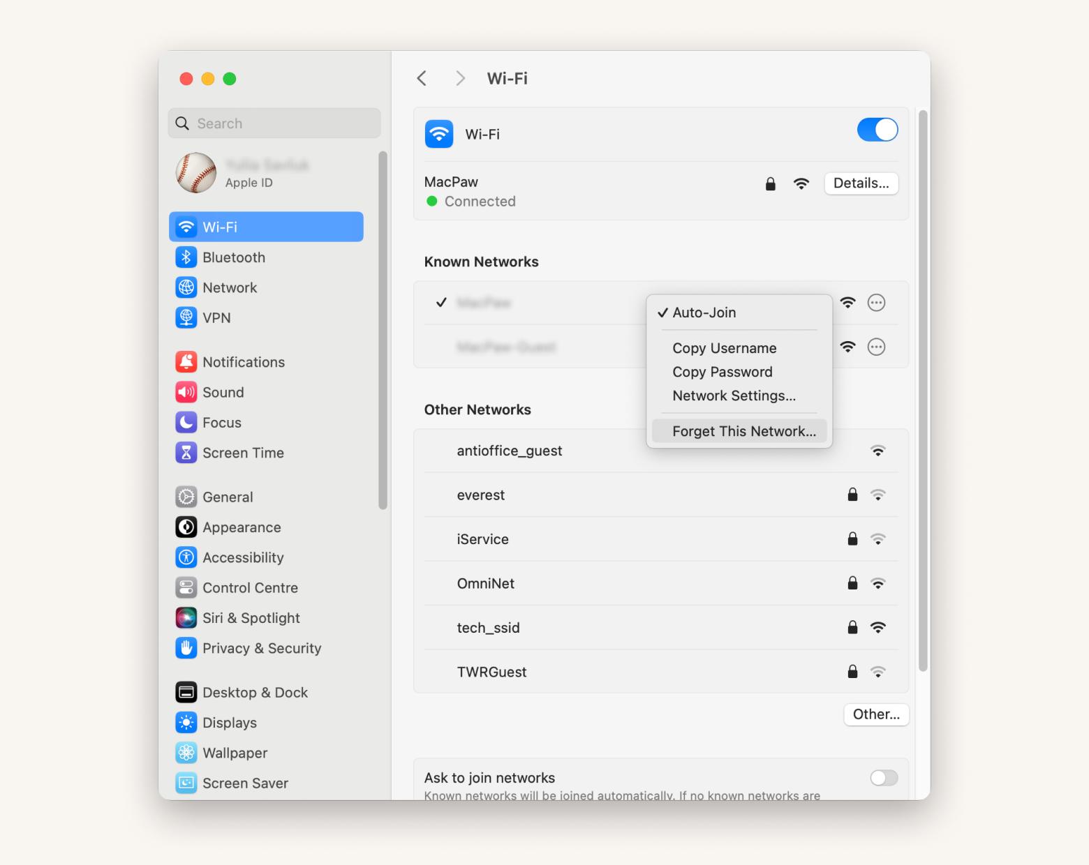 forget a wifi network on mac