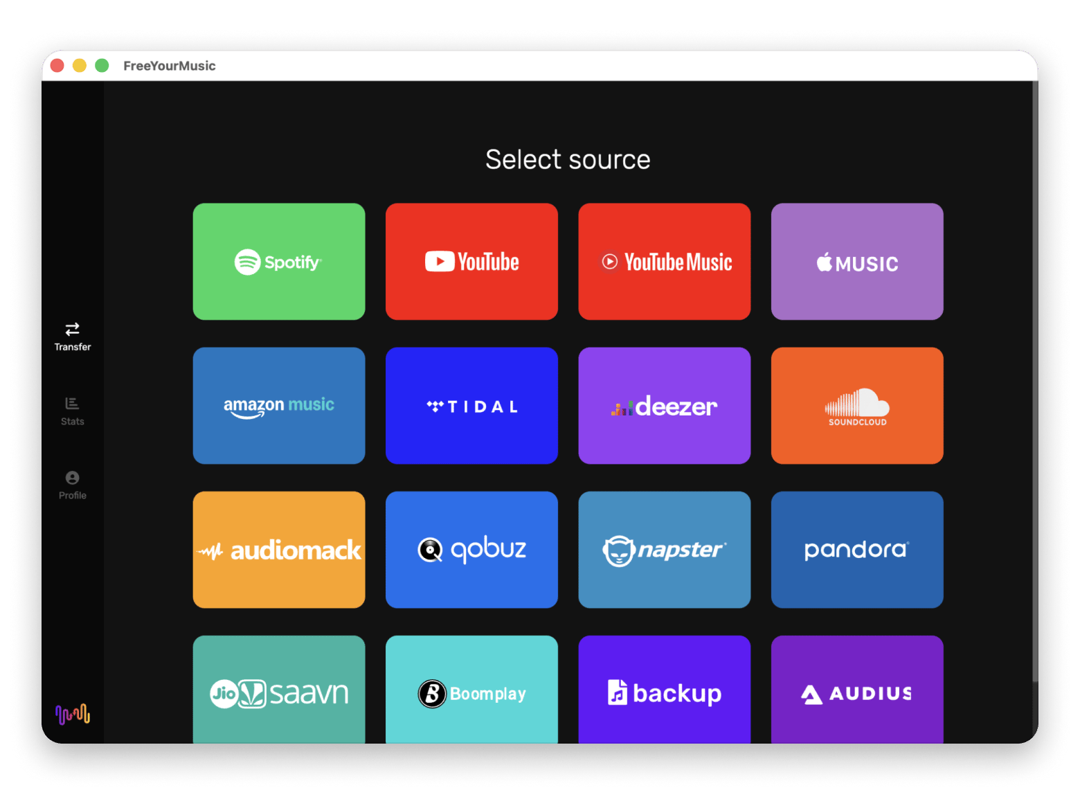The source selection screen in FreeYourMusic, a playlist transfer app available on Setapp
