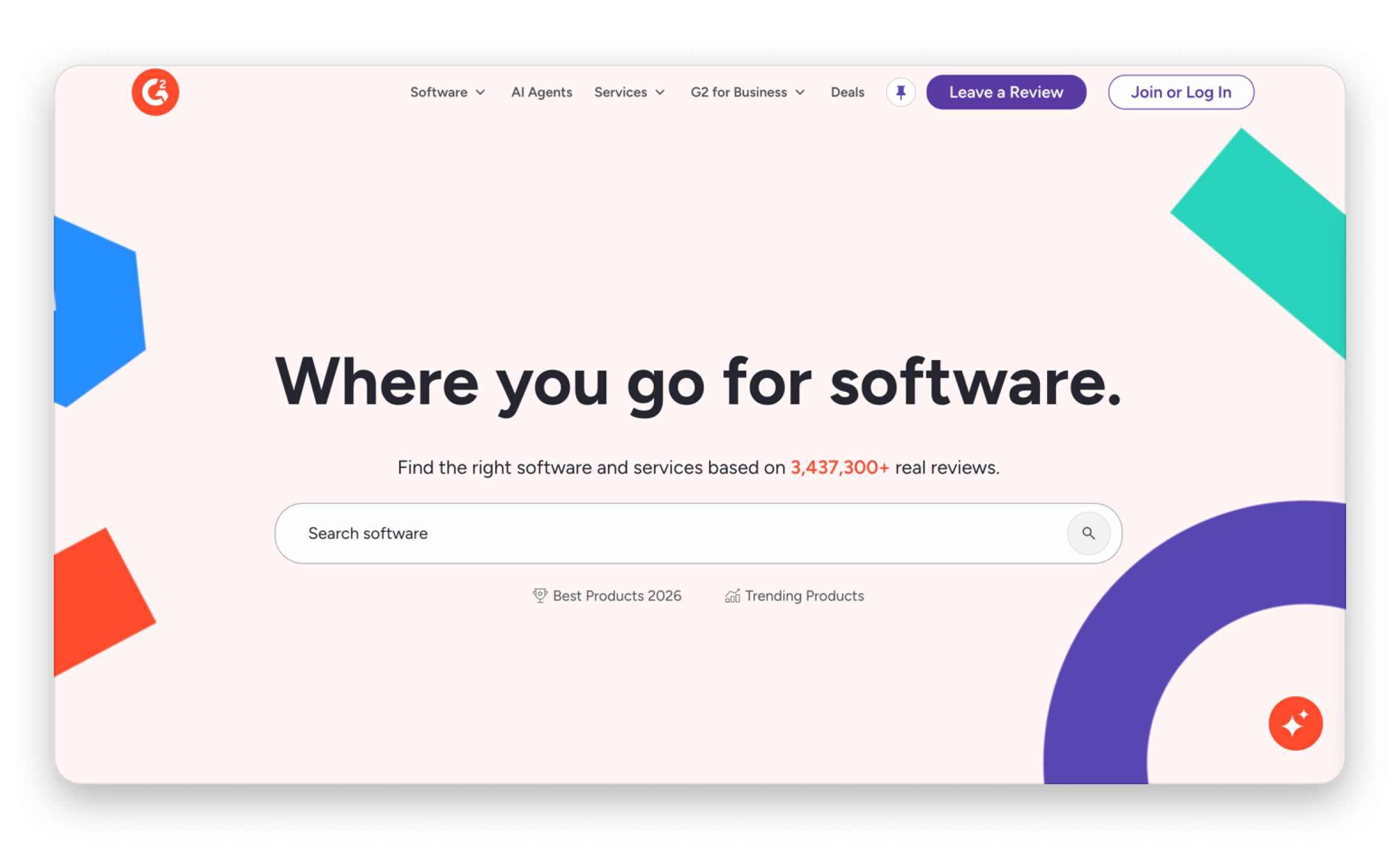The home page of G2 app review marketplace