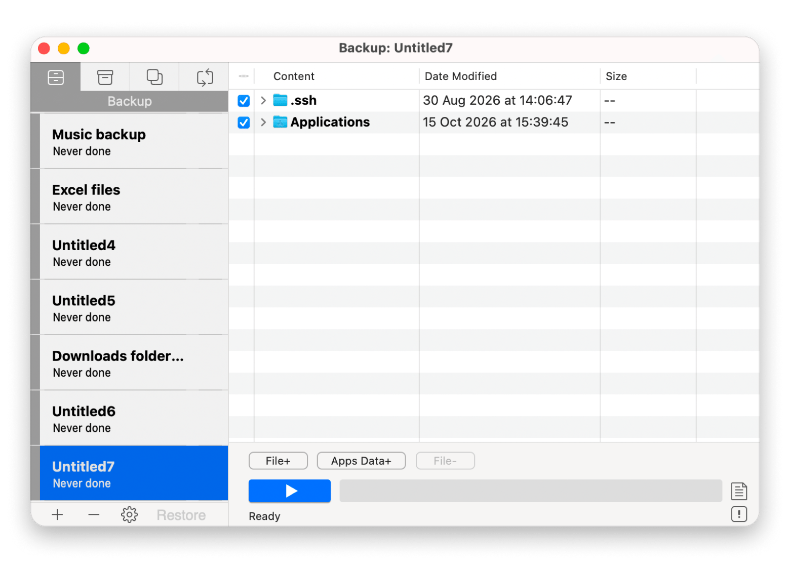 Oberfläche von Get Backup Pro mit geplanten Backups und Ordnerauswahl auf dem Mac, verfügbar in Setapp