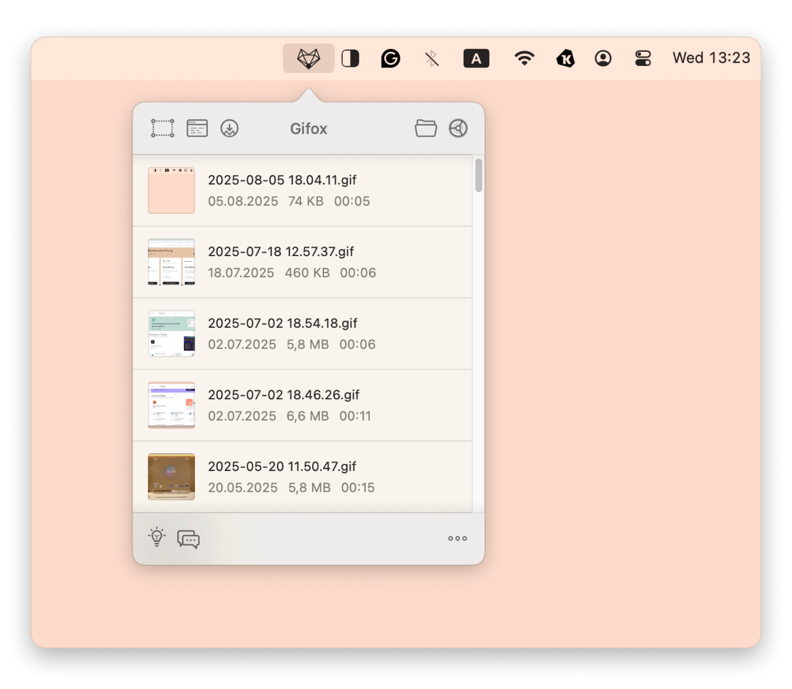 Gifox in the menu bar, a GIF creating app that is available on Setapp