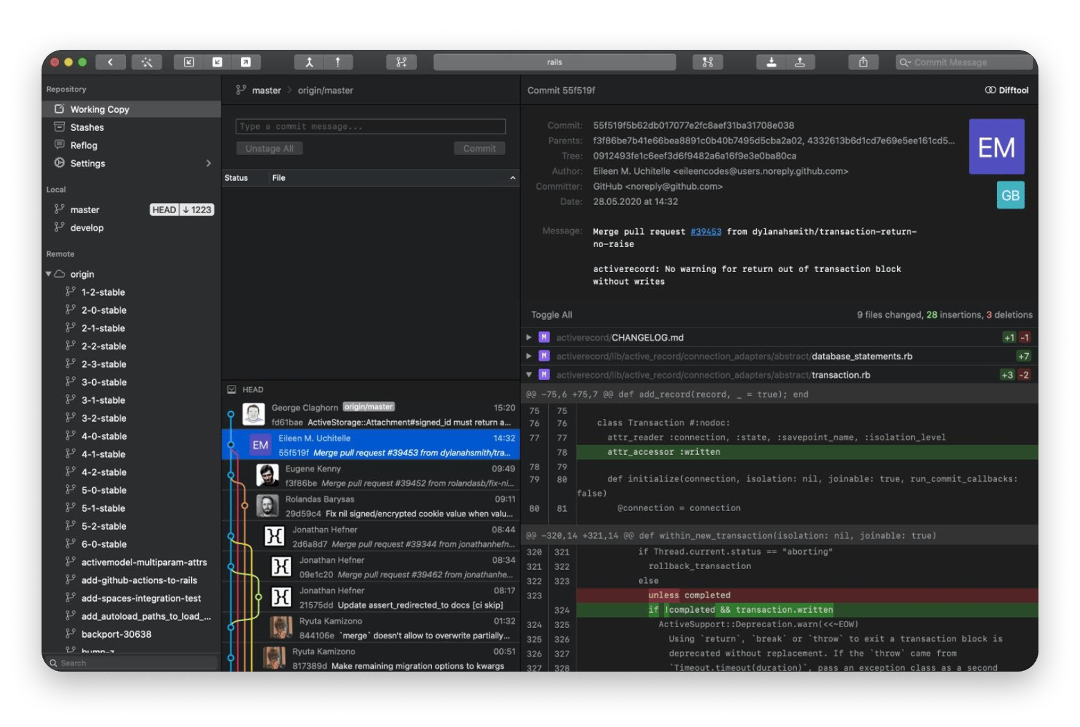 Interface do Gitfox comparando duas branches com diff visual lado a lado, disponível no Setapp