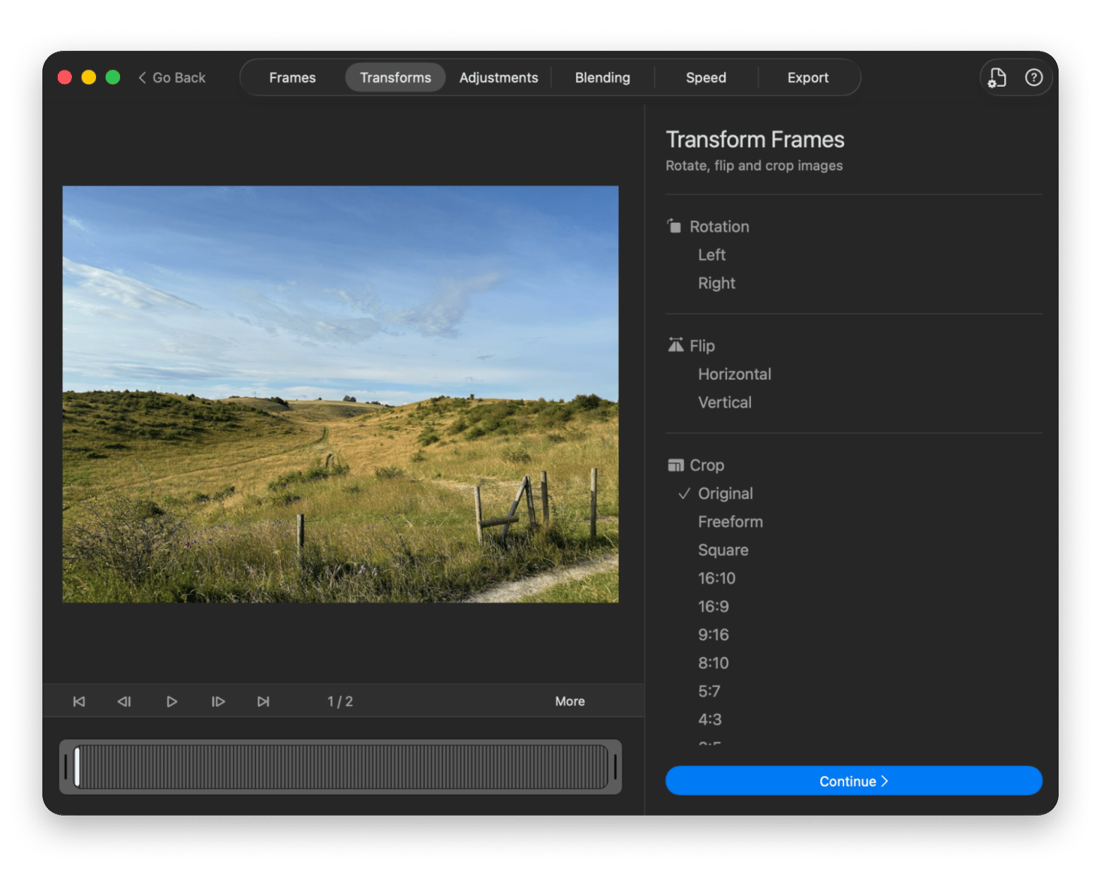 Transforming frames into a time-lapse in GlueMotion, a time-lapse app available on Setapp