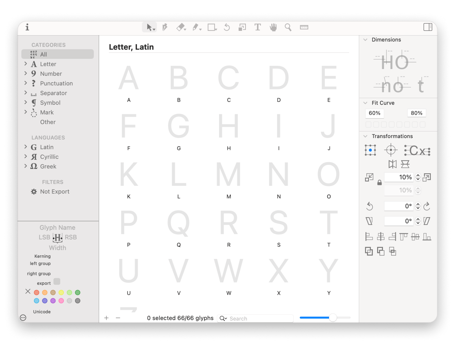 Glyphs Mini font editor app interface showing Latin alphabet glyph overview, available on Setapp