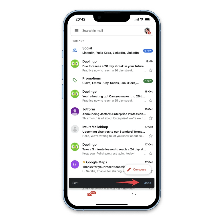 undo send in iPhone Gmail for up to 30 seconds